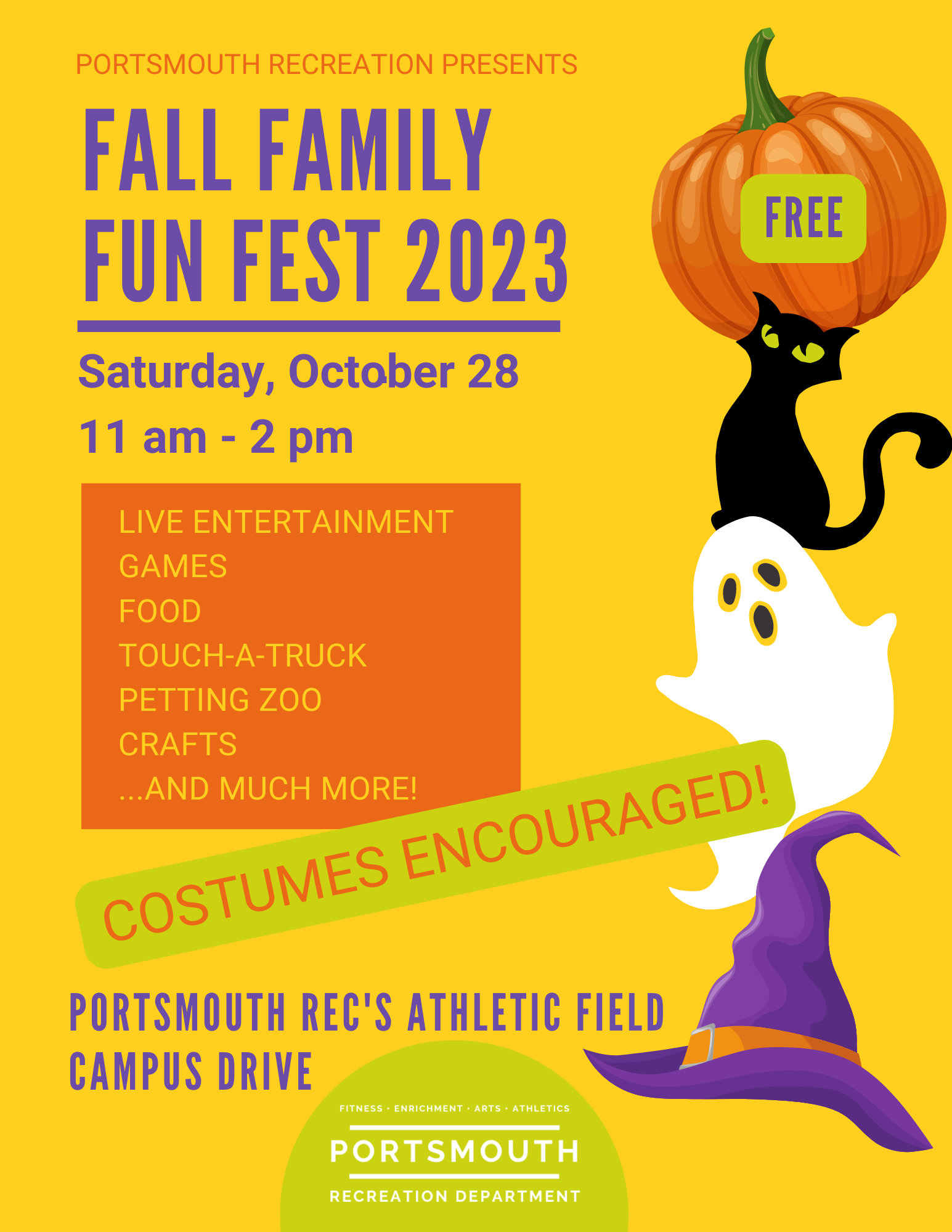 Fall family fun fest 2023 Community Campus Recreation Fields October 28 from 9-12 ghost, witches hat, pumpkin, black cat. Portsmouth Recreation Department.