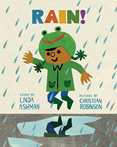 the book cover for Rain shows a child in a frog hat and coat jumping in a puddle