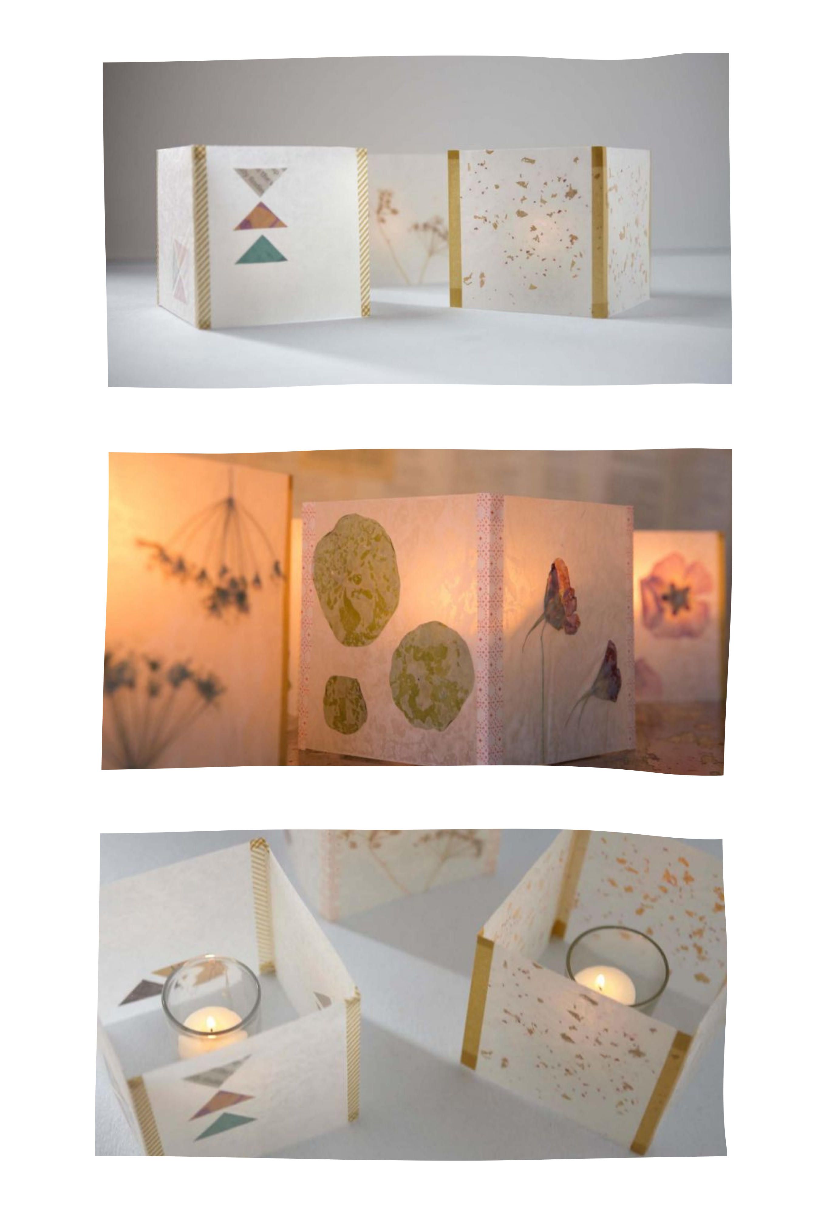 Various luminarias are shown with pressed flowers and leaves, and confetti.