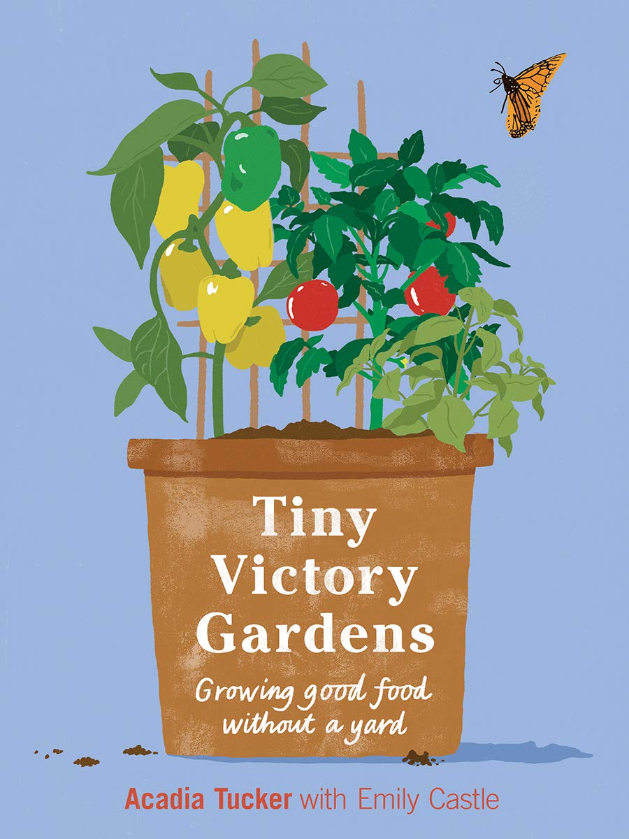 Book Cover for Tiny Victory Gardens by Acadia Tucker. Features illustration of several plants in a container, with a butterfly floating above.