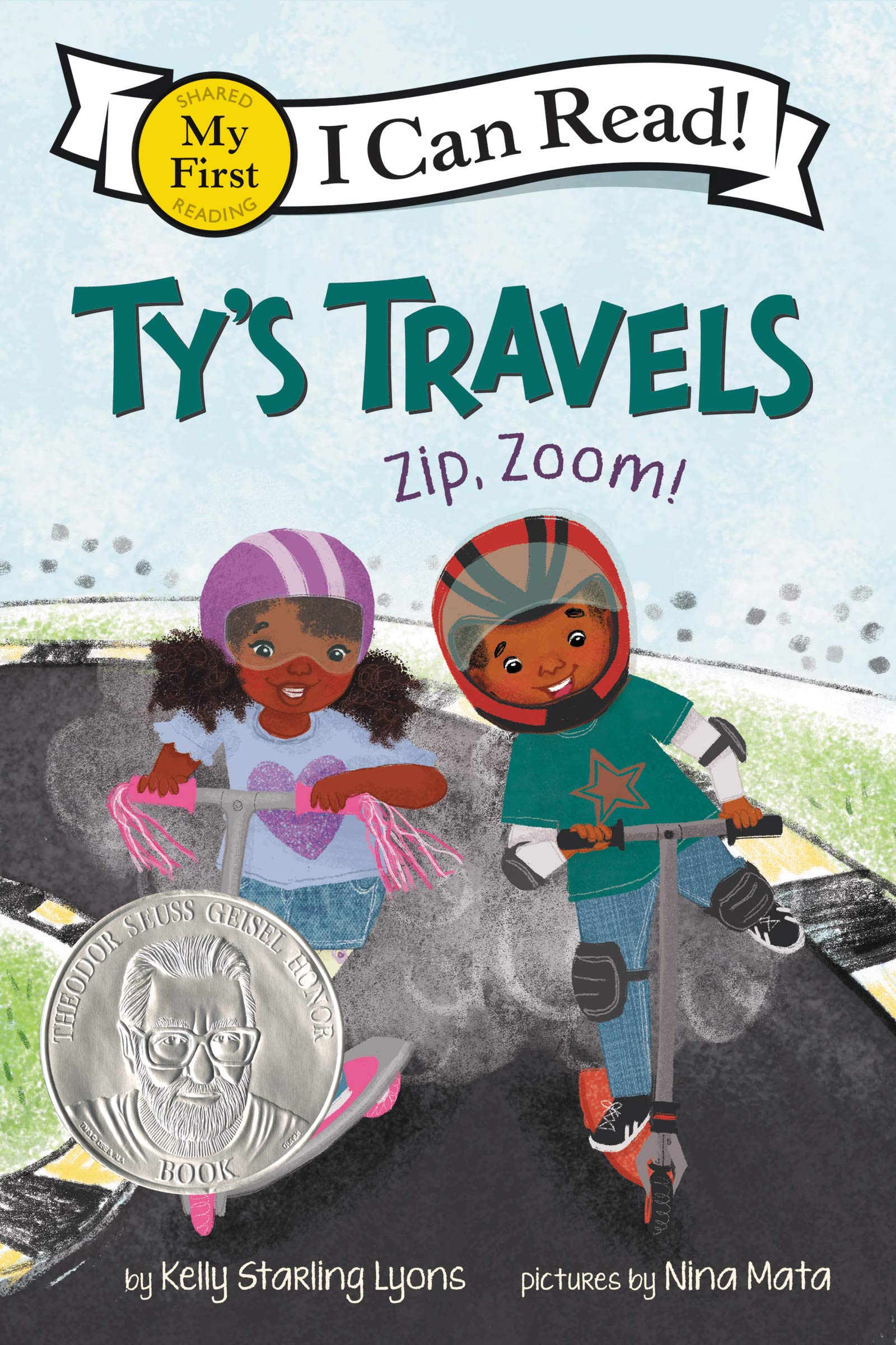 on the cover of Ty's Travels a young girl and a boy ride a bike