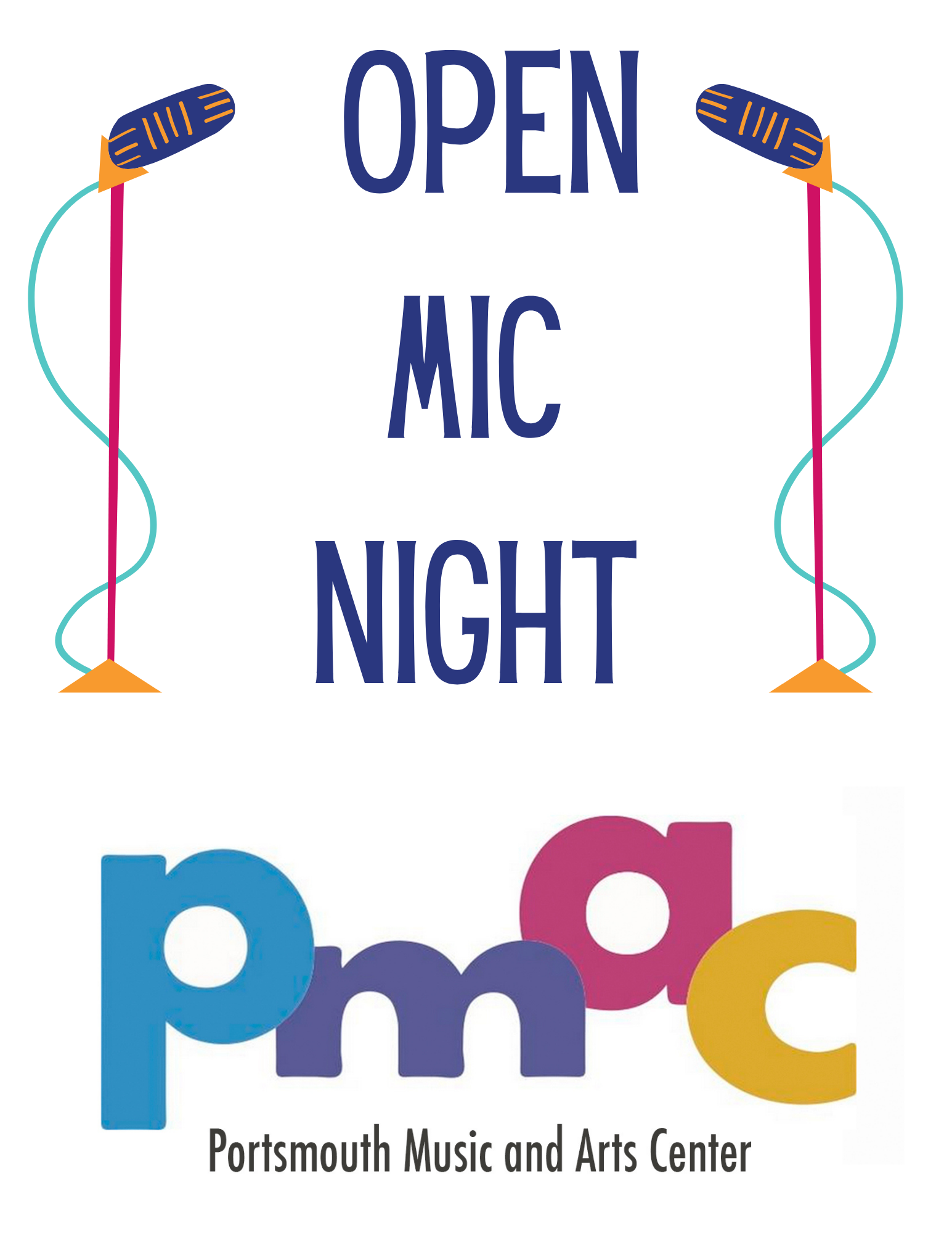 two stand microphones with the text "open mic night pmac"