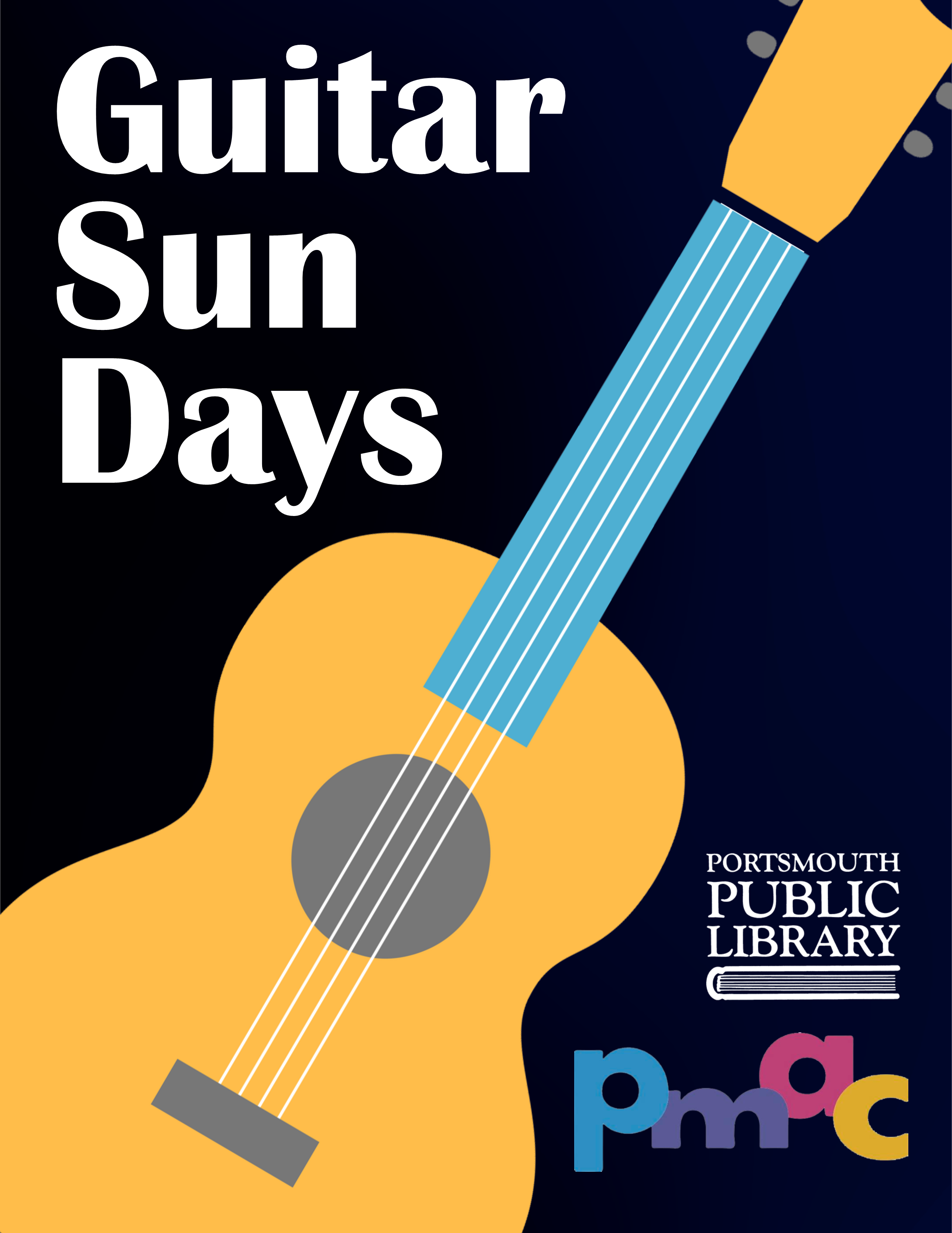Guitar Sundays, accompanied by illustration of guitar and the PMAC and Portsmouth Public Library logos