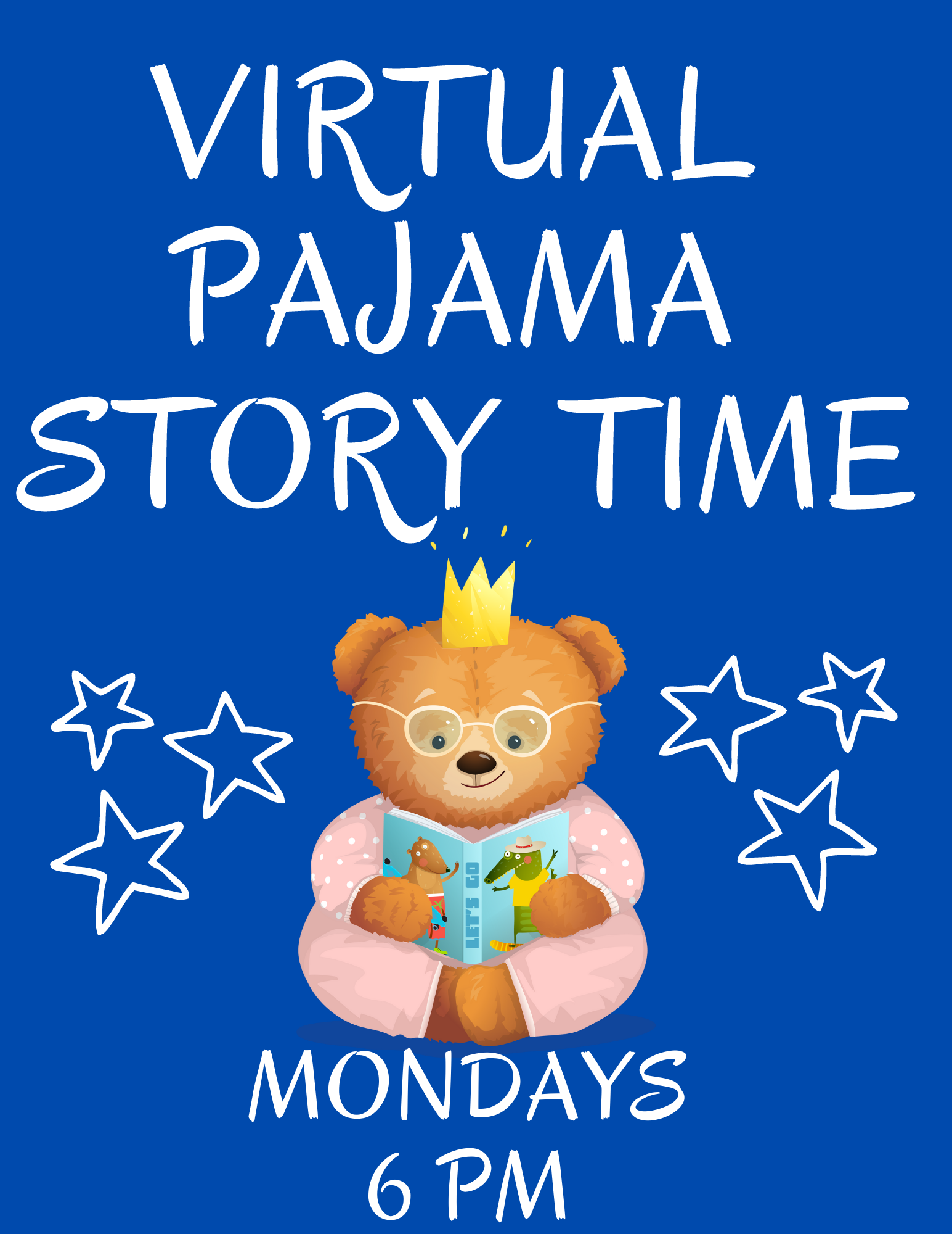 text reads virtual pajama story time Mondays 6 pm with image of bear reading a book.