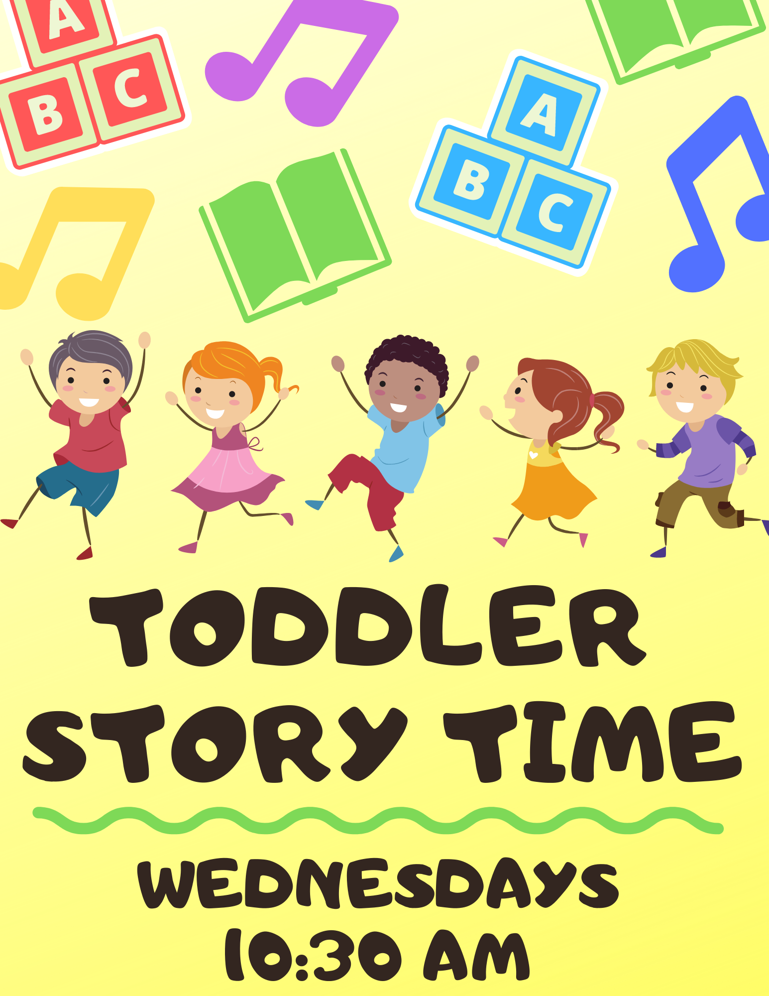 text reads: Toddler Story Time Wednesdays 10:30 AM