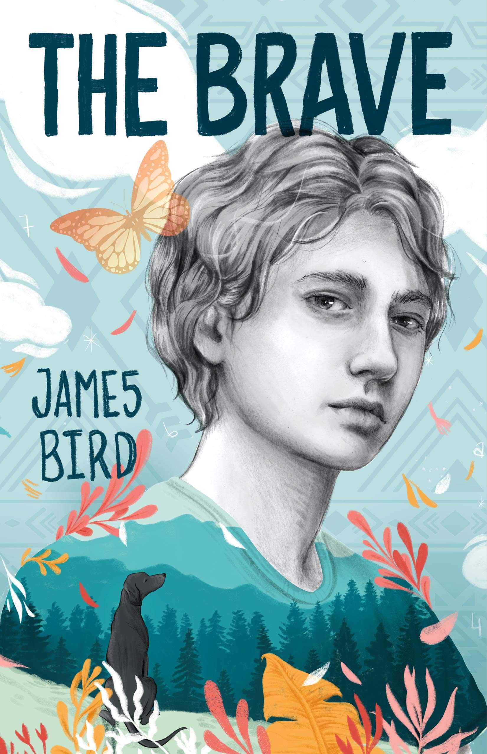 The Brave by James Bird book cover (light skinned boy's face rendered in black and white with butterflies, leaves and a dog around)