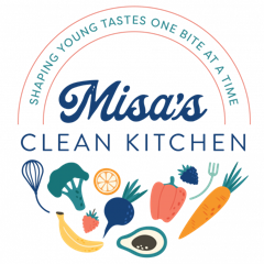 Misa's Clean Kitchen with images of vegetables underneath.