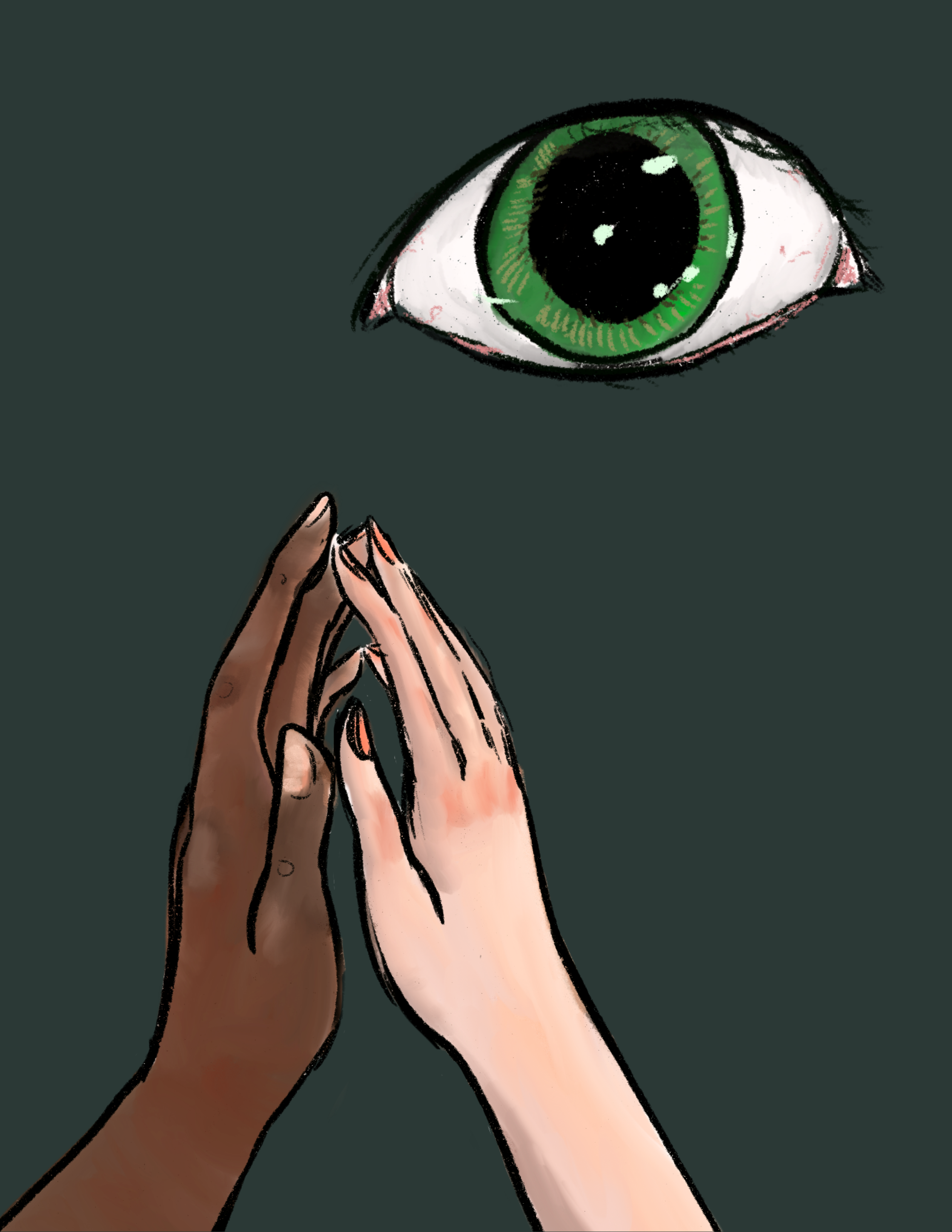 Image of two hands meeting, with green eye watching
