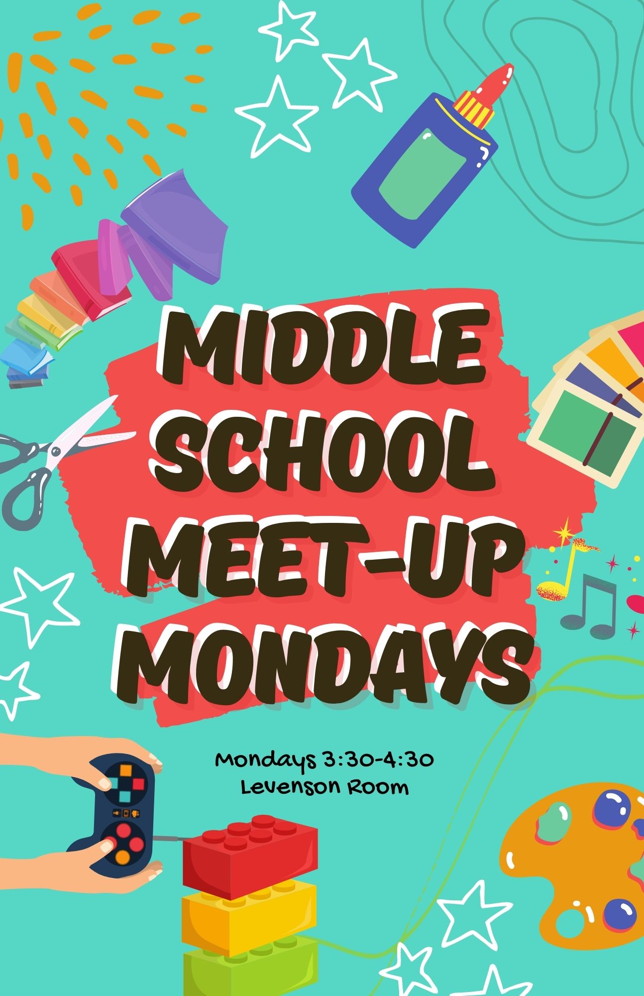 Text reads "Middle School Meet-Up Mondays" with assorted art supply and gaming images