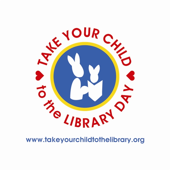 Take Your Child to the Library Day logo with two white silhouette bunnies reading a book.