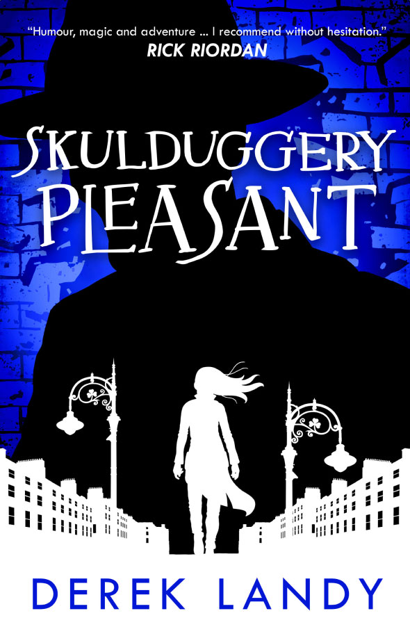 Image: book cover of Skullduggery Pleasant with a white silhouette of a girl on a street against a black silhouette of a figure in a broad-brimmed hat