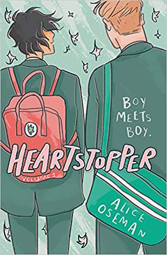 Cover of Heartstopper, by Alice Oseman showing an illustration of two teens boys facing away from the viewer, touching shoulders