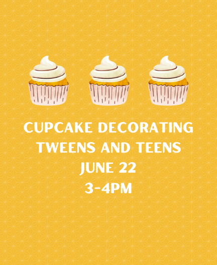 Three frosted cupcakes on a yellow background with the name and time of event underneath, which is in the event description