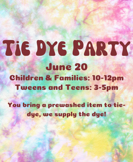 Gradient rainbow background with Tie Dye Party event info over it, which is also in the event description