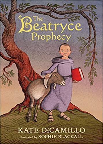 Cover of book "The Beatryce Prophecy," showing a shaved-headed individual with a goat in front of a tree