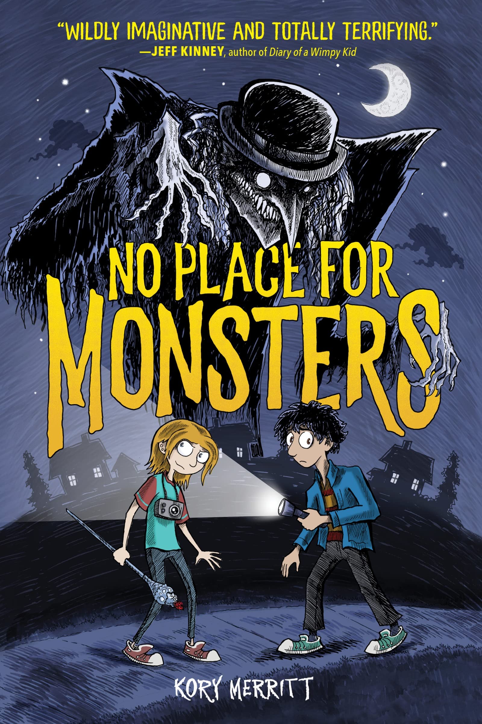 Cover of No Place for Monsters, featuring a boy and a girl with a flashlight, and a dark scary figure rising up behind them