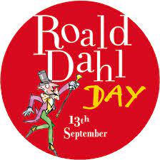 Red circle with text: Roald Dahl Day 13th Septmebr
