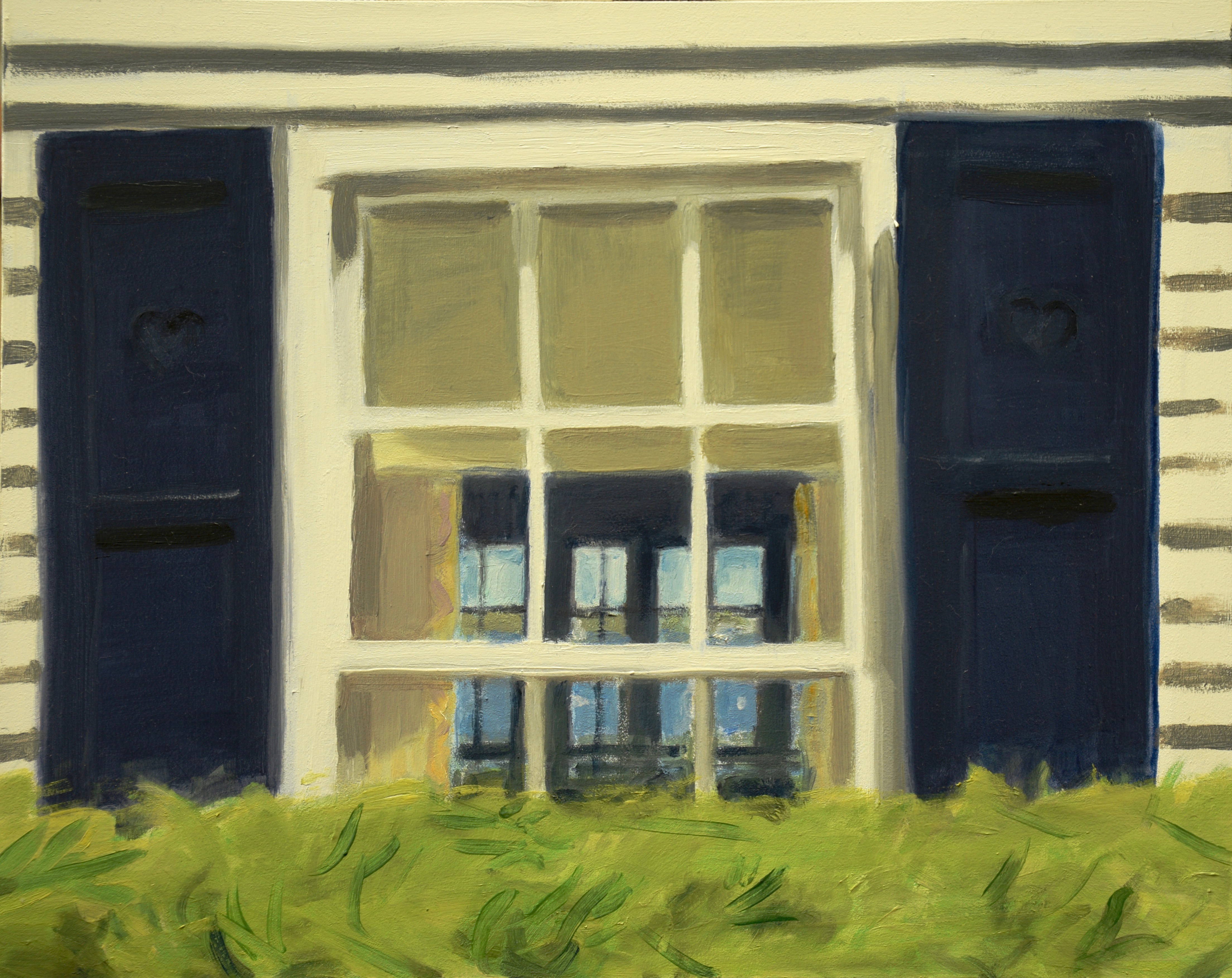 Painting of a window with black shutters and foreground of green bushes.  Looking from outside through the house blue ocean beyond.
