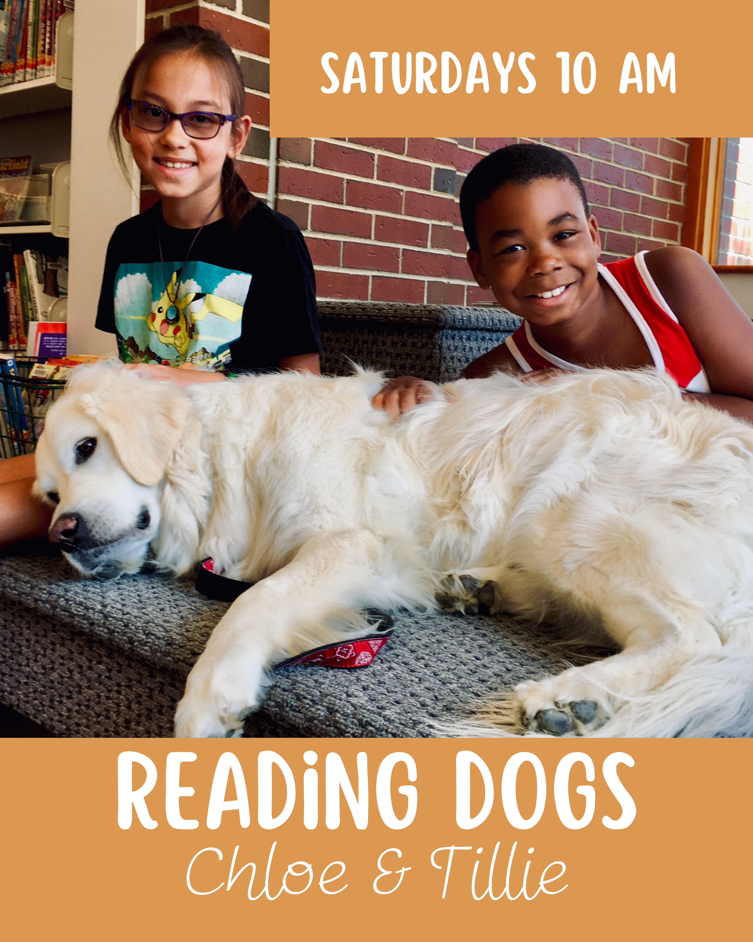 Smiling youth patrons in library reading area with relaxed dog