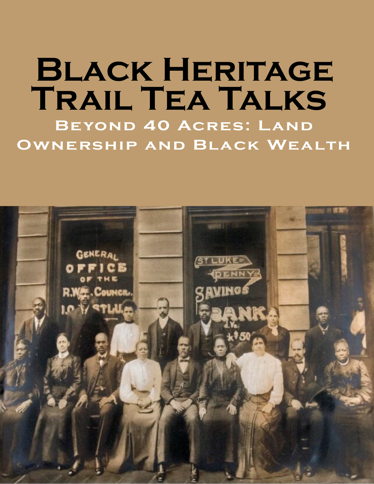 Black Heritage Trail Tea Talks Beyond 40 Acres Land Ownership and Black Wealth Black people sitting in front of a storefront