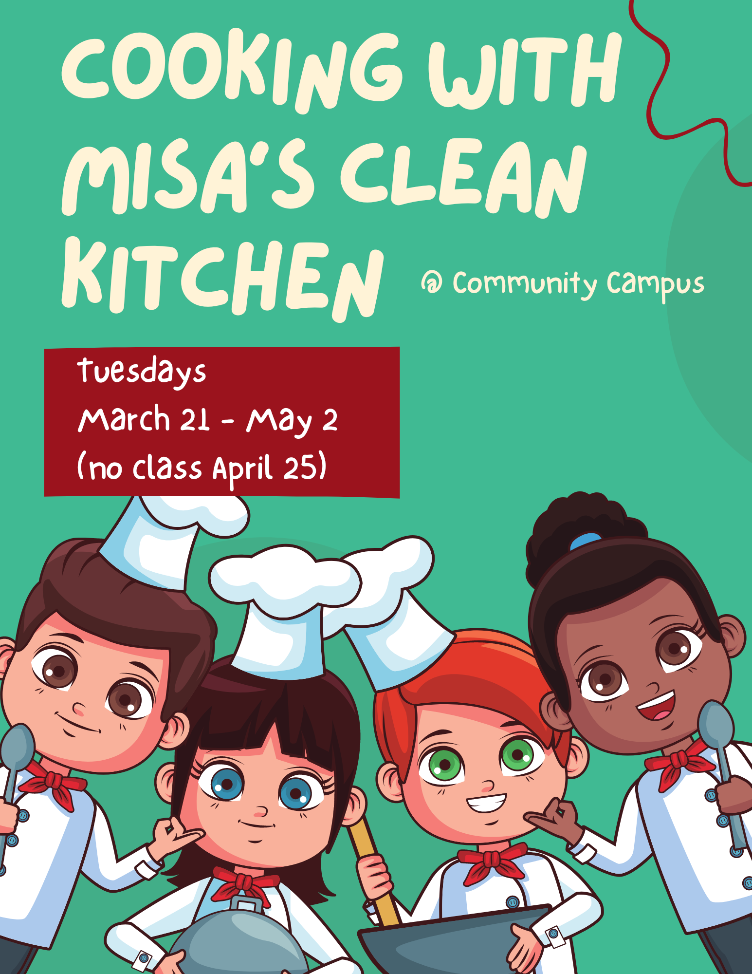 Kids cooking on teal background. Text Cooking with Misa's Clean Kitchen