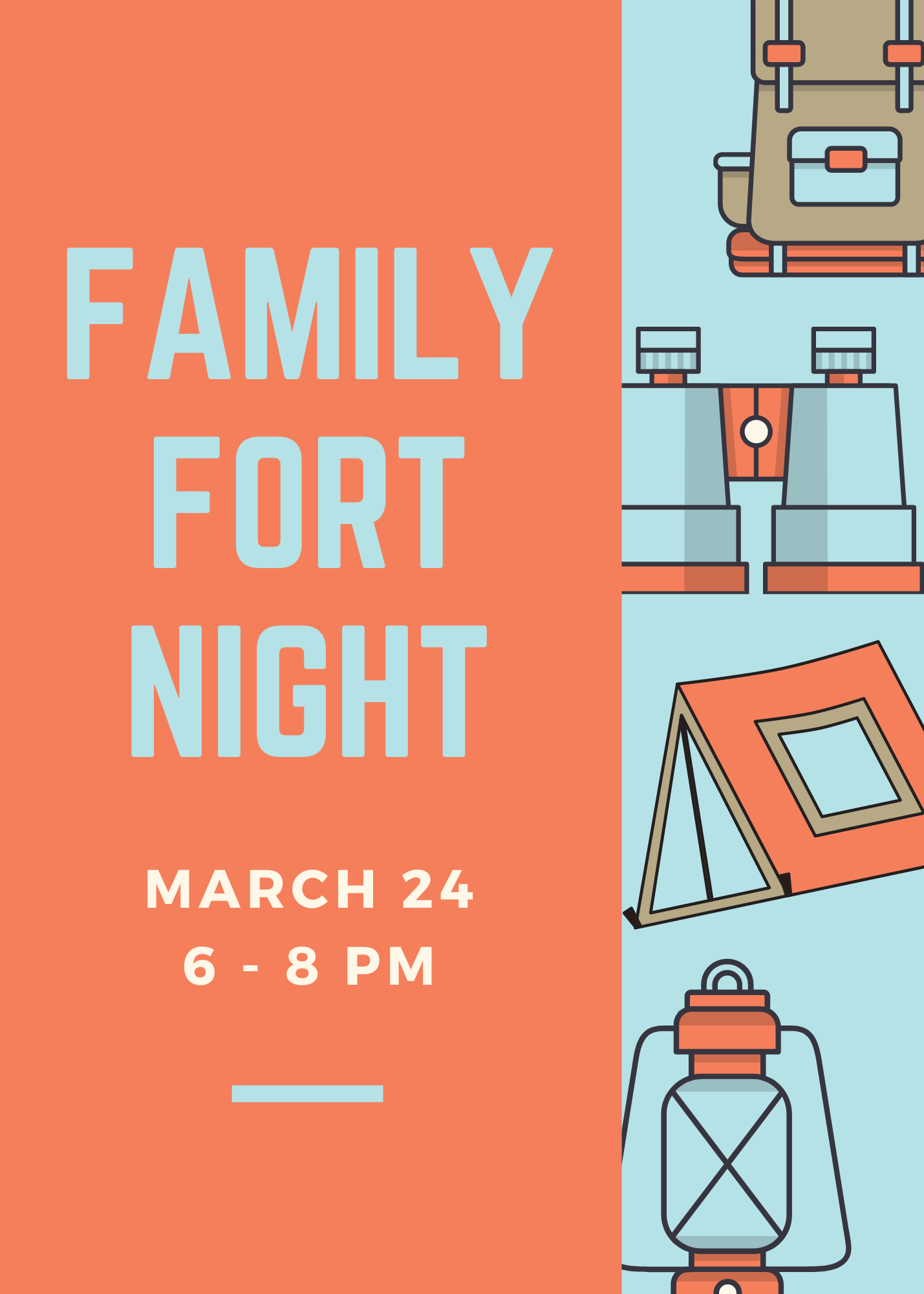 Camping item images and Orange Background with text : Family Fort Night March 24 6- 8 PM 