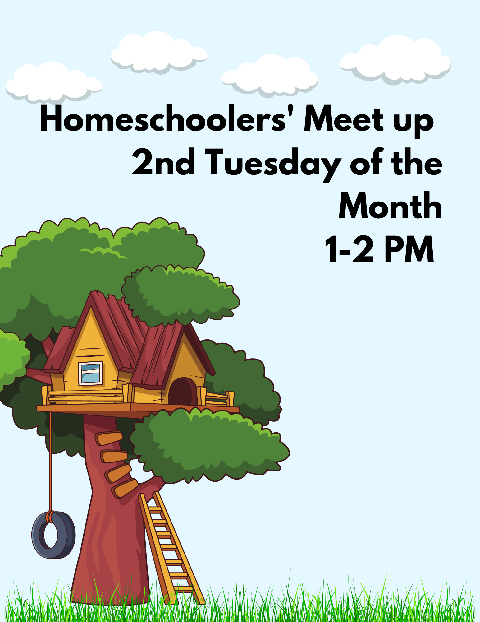 Homeschool Meet up with treehouse on blue background.
