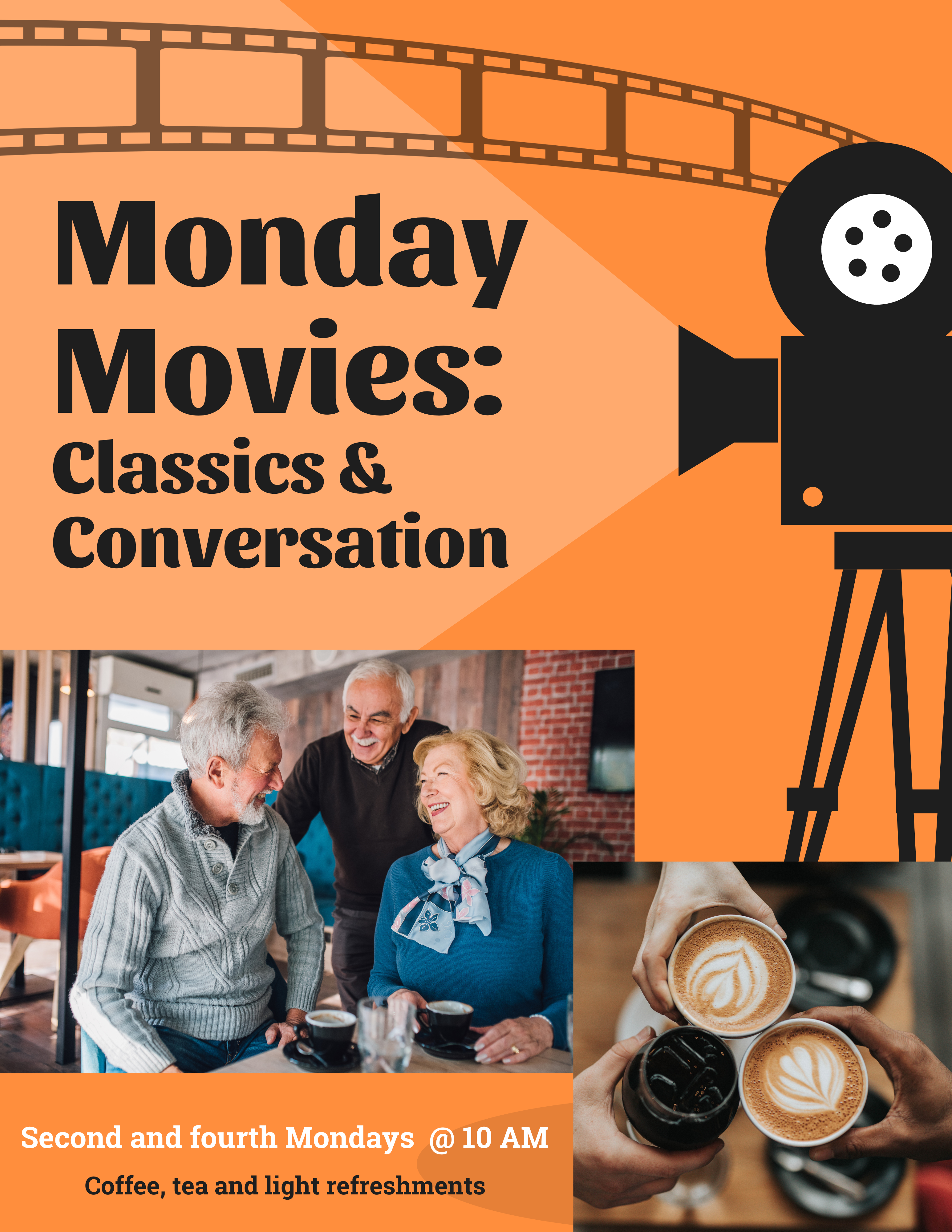 Monday Movies Classics & Conversation Movie Projector Three Adults Sitting and a cup of coffee 