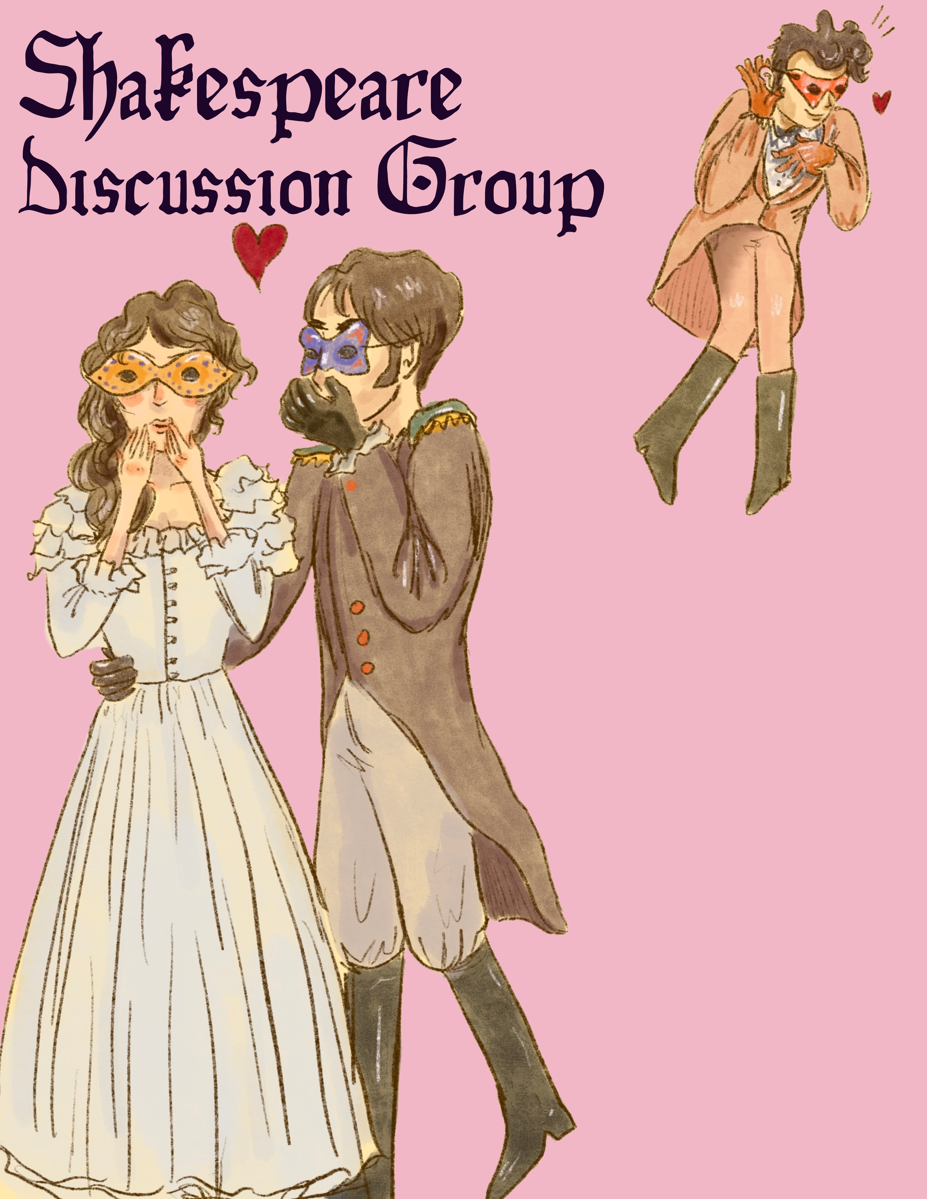 Shakespeare Discussion Group Man and woman in formal dress and masks, a man on corner of image in formal dress and mask hearts