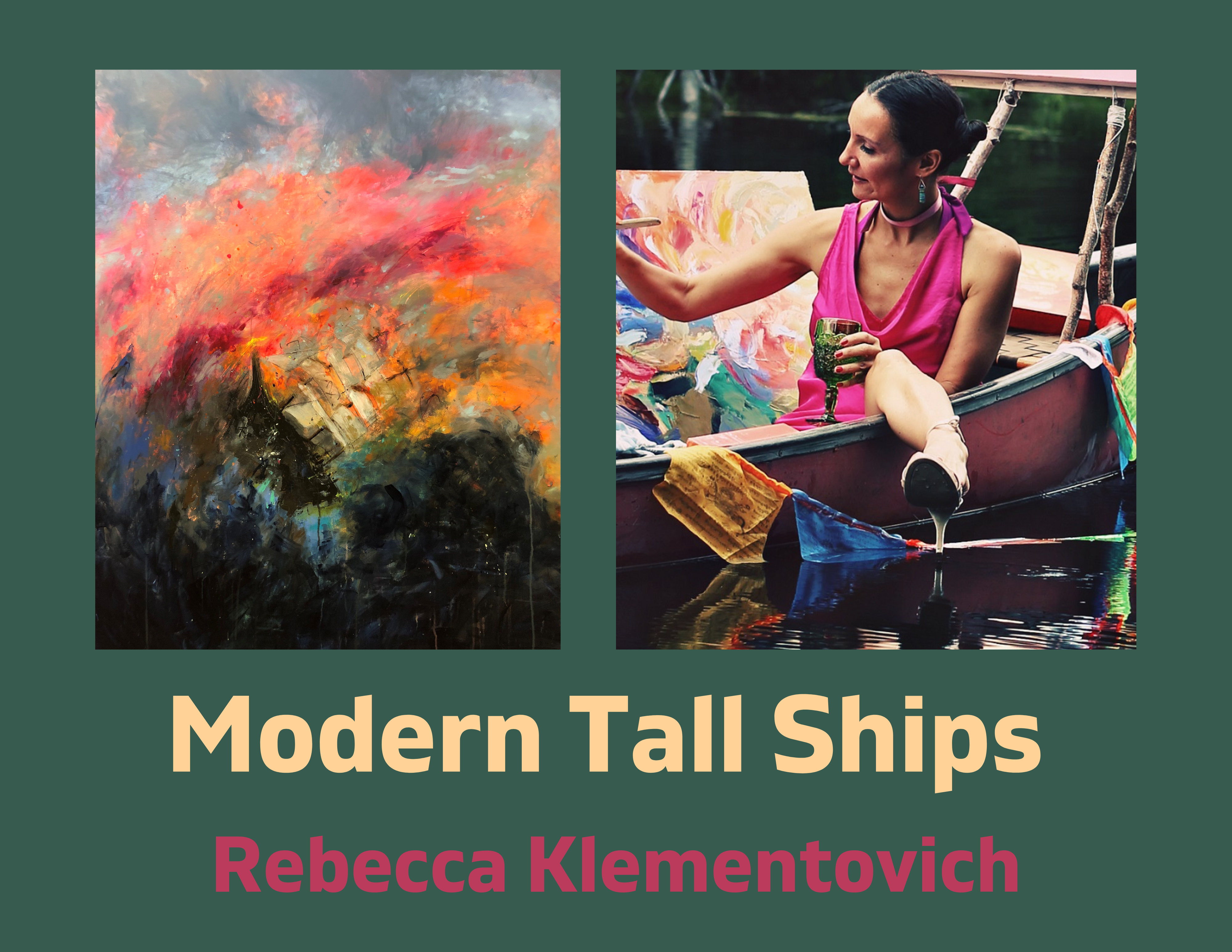 Woman in a boat painting  alongside a painting with colorful red sky and abstract ship Modern Tall Ships by Rebecca Klementovich