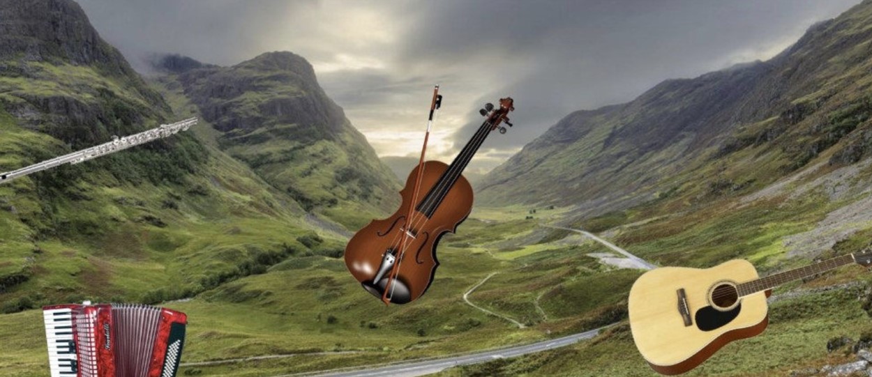 Fiddle and bow, guitar, accordian and flute superimposed on Scottish Hills