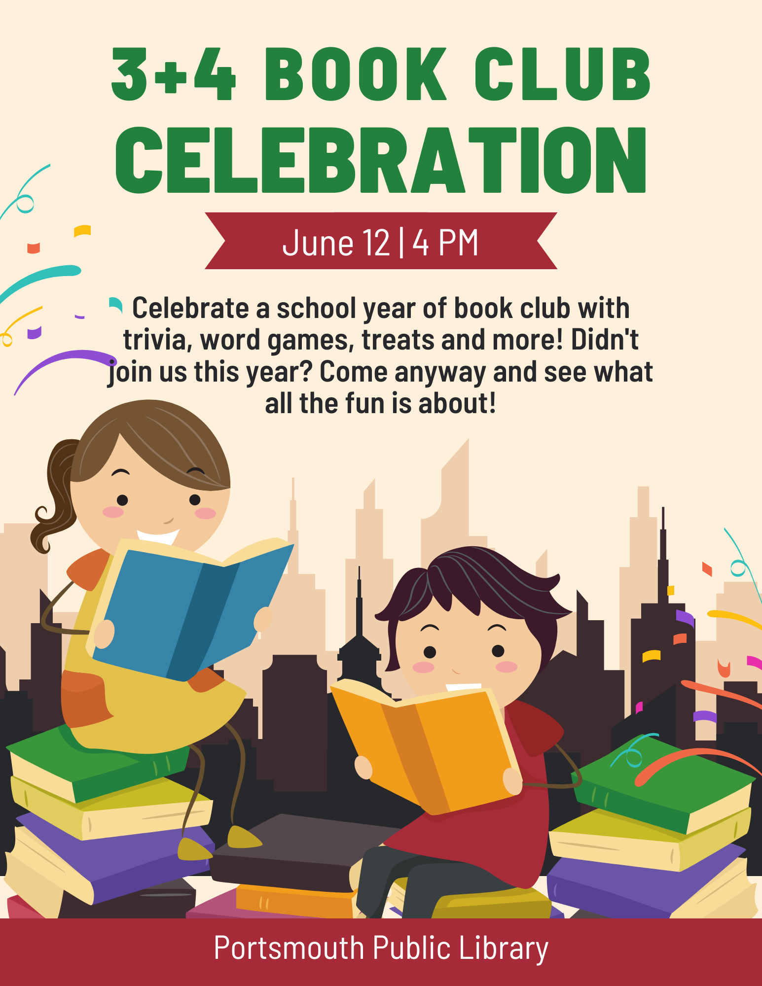 3+4 Book Club Celebration June 12 4 PM