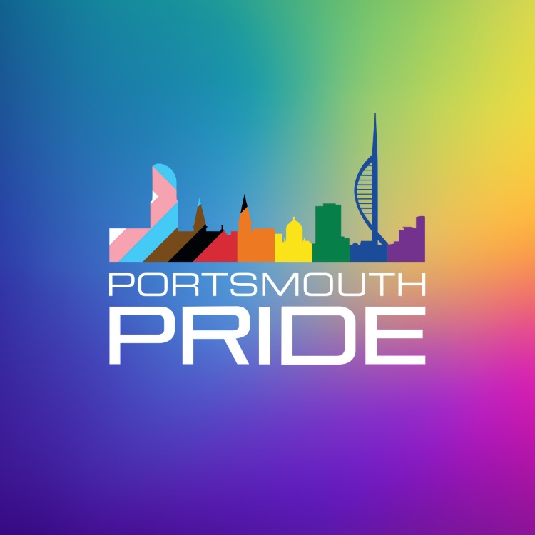 Portsmouth Pride colorful rainbow background with city buildings in foreground