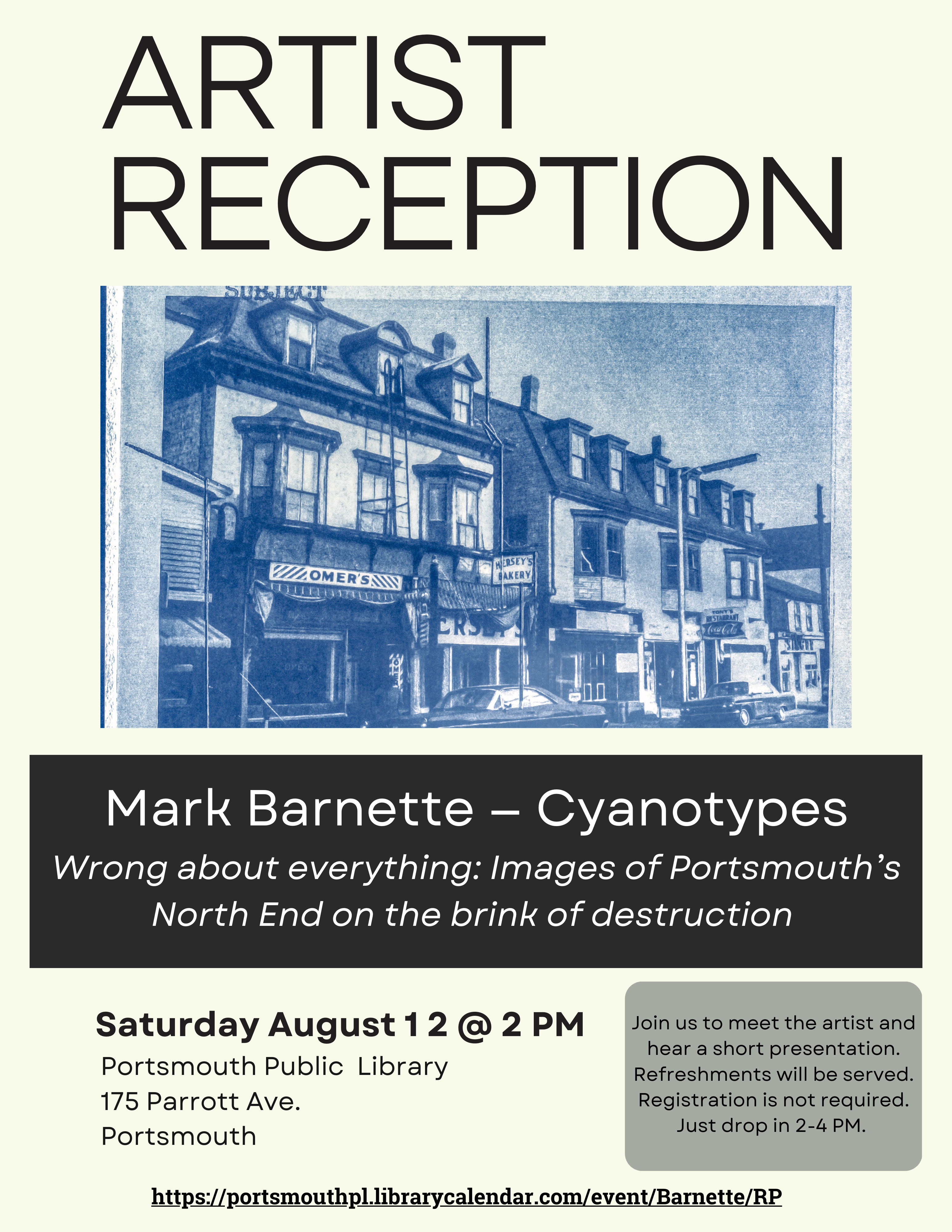 Artist Reception Mark Barnette Cyanotypes Portsmouth Public Library August 12 at 2 PM. Image of building on Congress Street Portsmouth, NH.