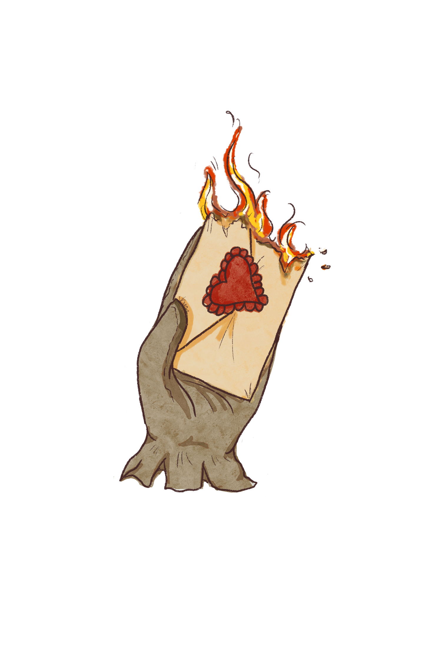 Gloved hand holding a burning envelope with a heart on the envelope