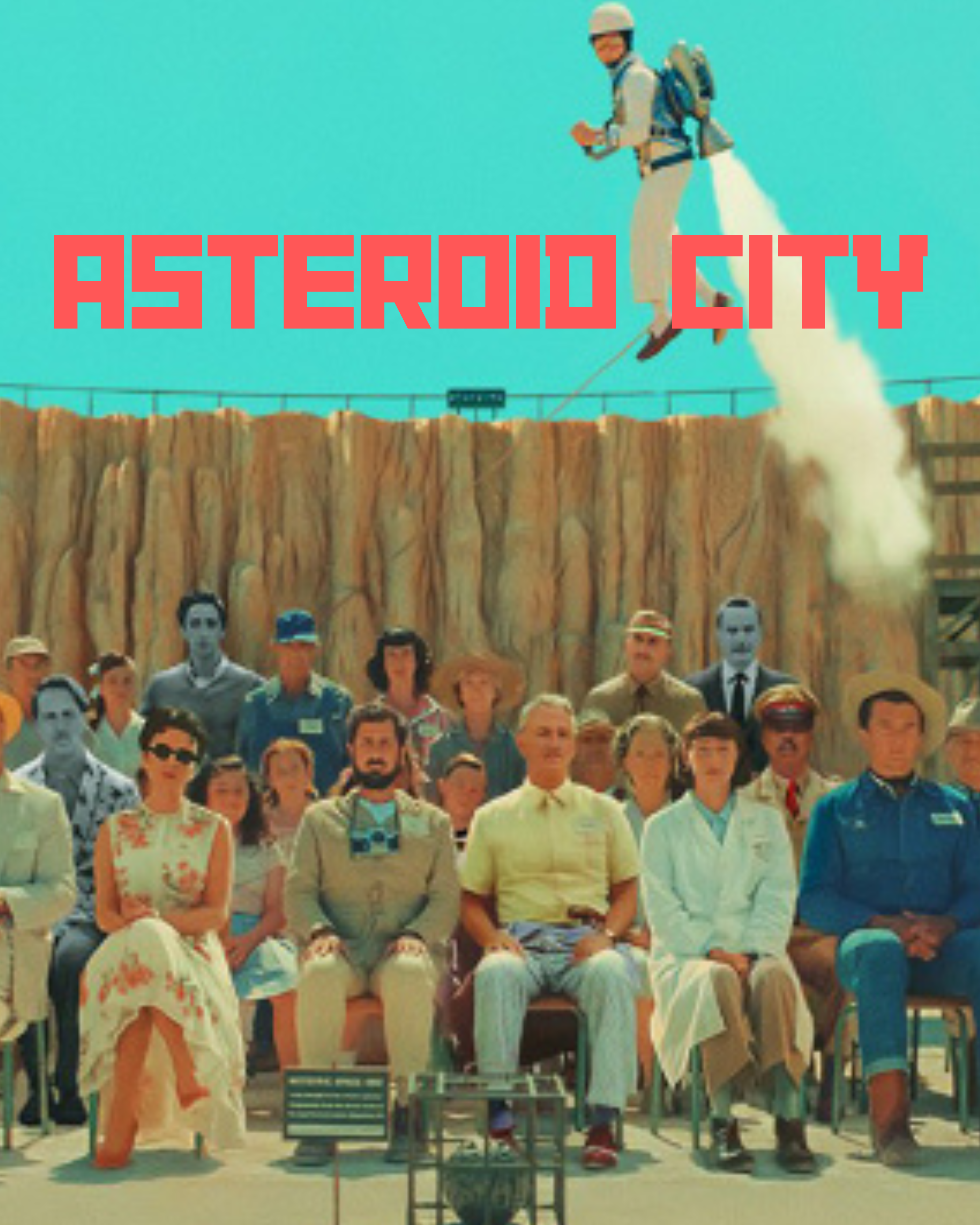 Asteroid City People in folding chairs sitting in front of fence with man launching like a rocket in sky behind them