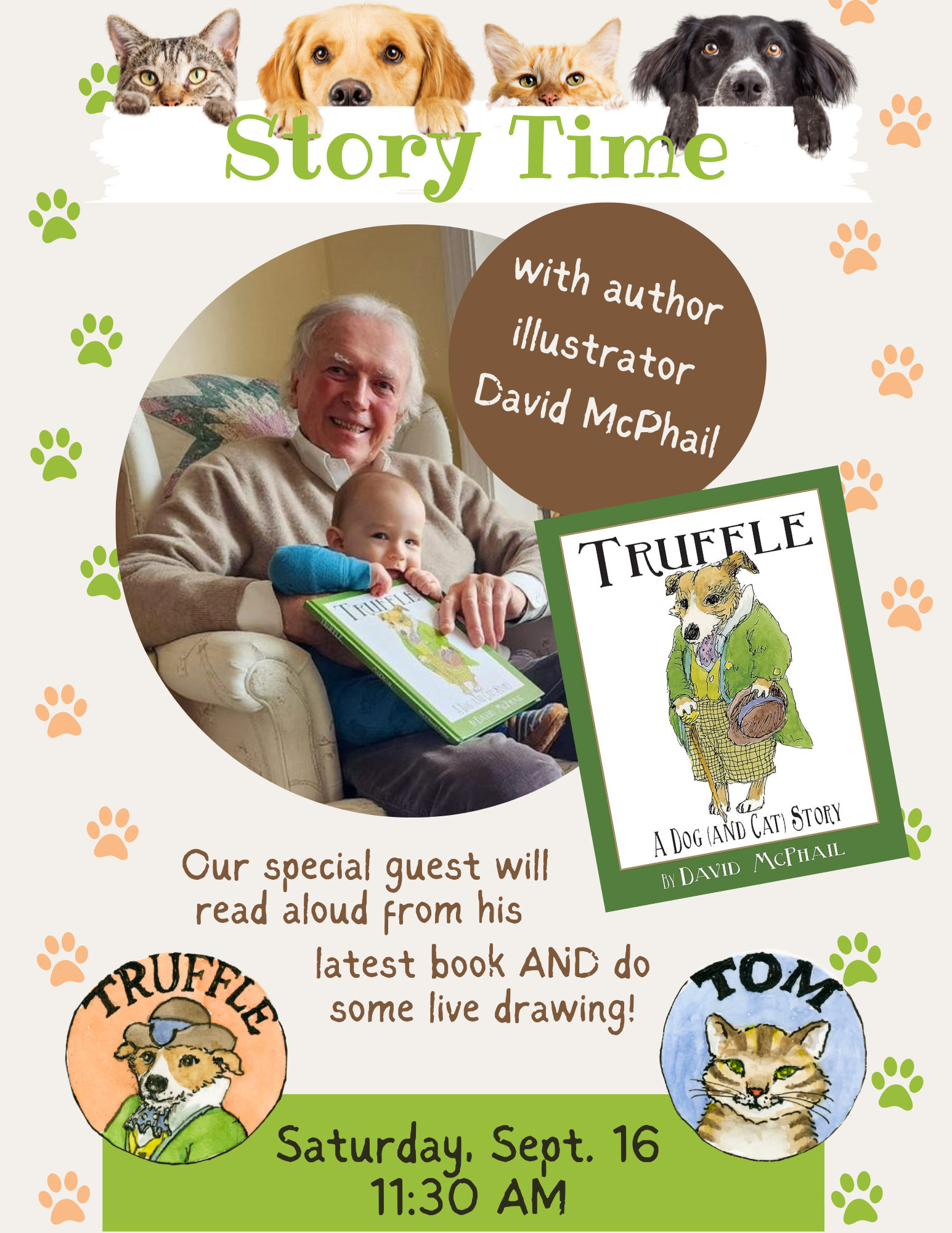 David McPhail Story Time with images of drawn dog and cat