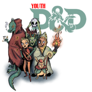 a band of adventurers standing in front of YOUTH dungeons and Dragons logo - green with red YOUTH.