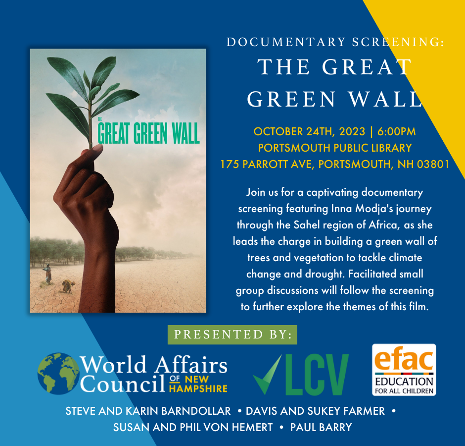 The Great Green Wall Portsmouth Public Library October 24 6 PM Climate film about African Sahara. The Great Green Wall. Man holding green sprig of vegetation.