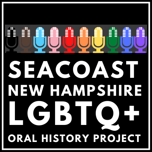 The logo for the Seacoast NH LGBTQ+ Oral History Project featuring a rainbow of microphones and white text on a black background