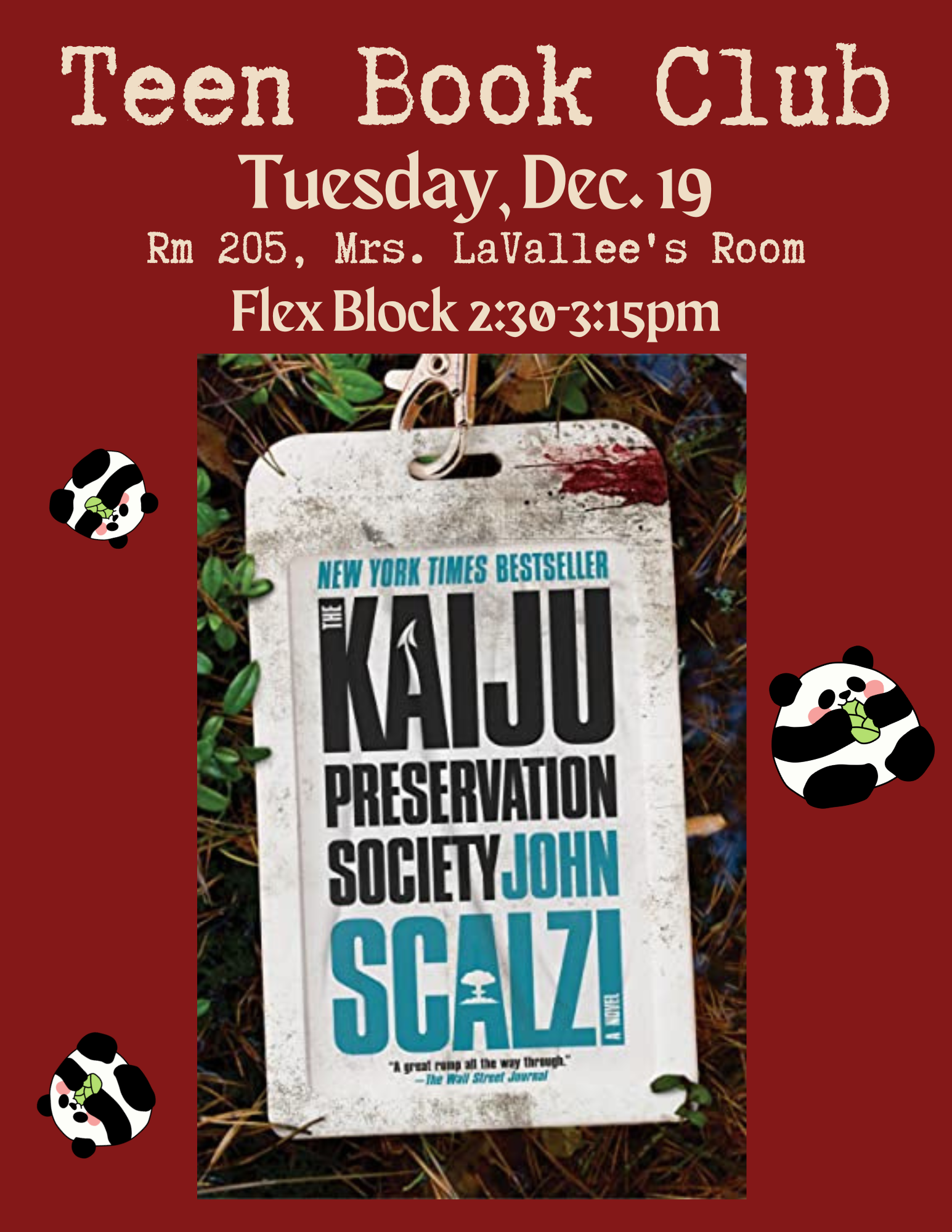 Graphic shows cover of the book "Kaiju Preservation Society" by John Scalzi and the event day/time/location: Tuesday, December 19 from 2:30pm to 3:15pm