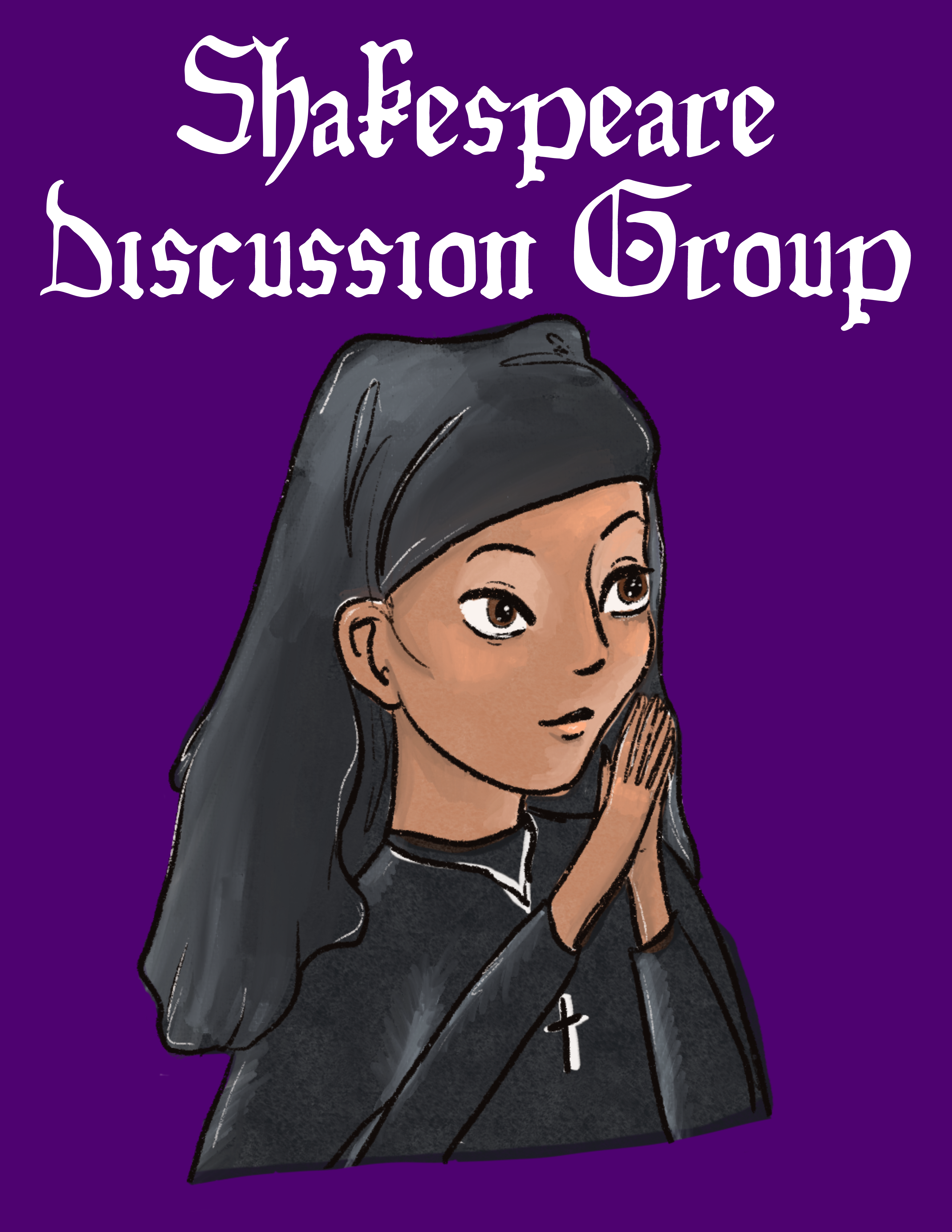 purple background with animated woman with black hair. Shakespeare Discussion Group