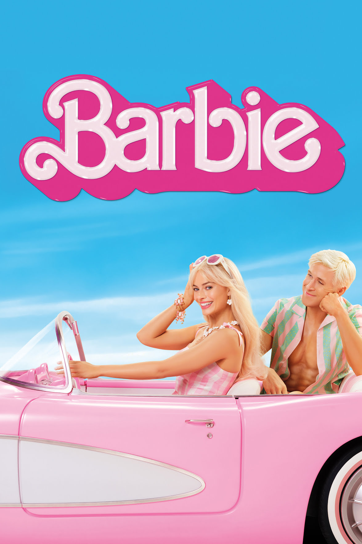Barbie and Ken in a pink convertible with blue sky in the background