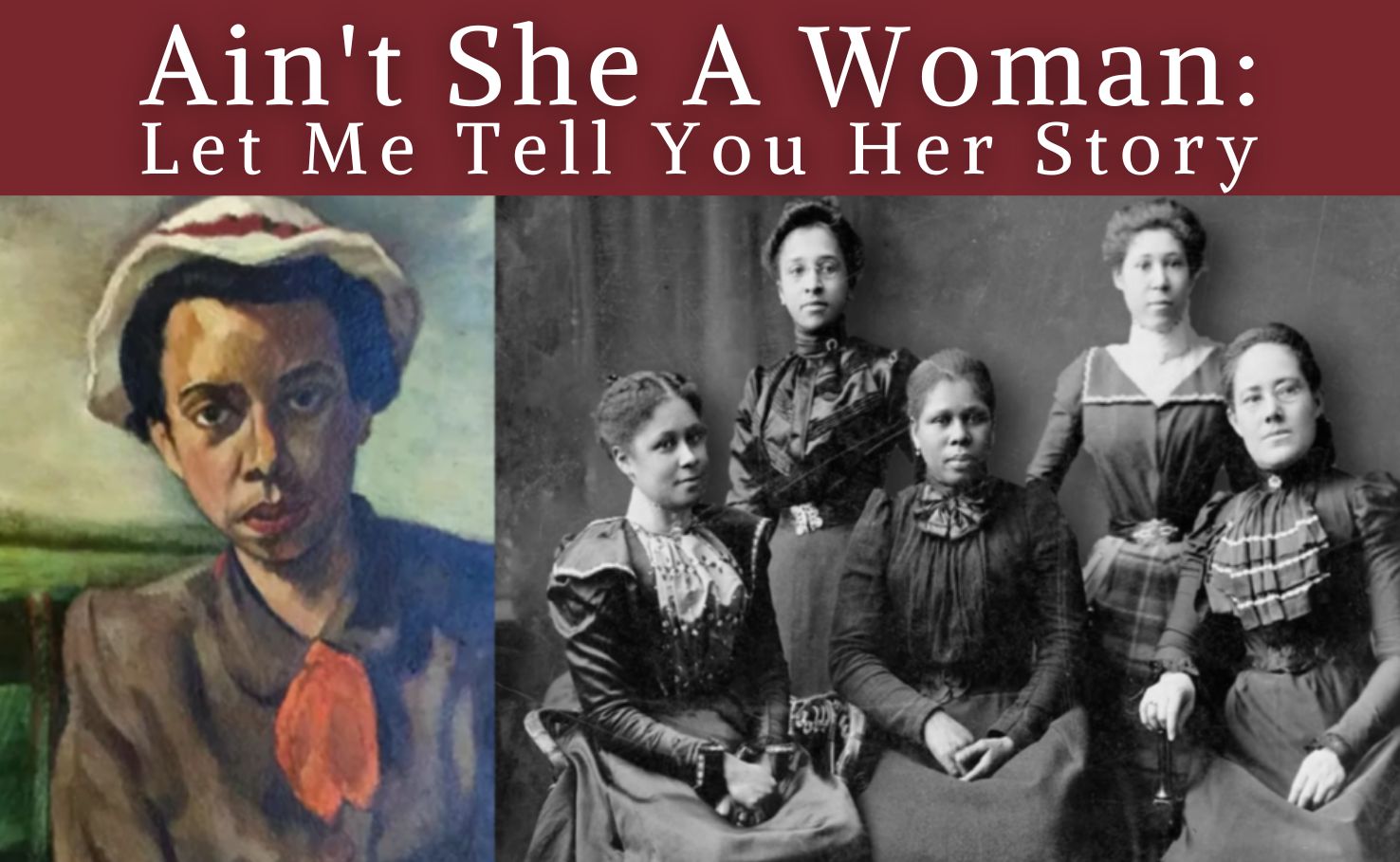 A color portrait of a Black woman next to a black-and-white photograph of 5 Black women