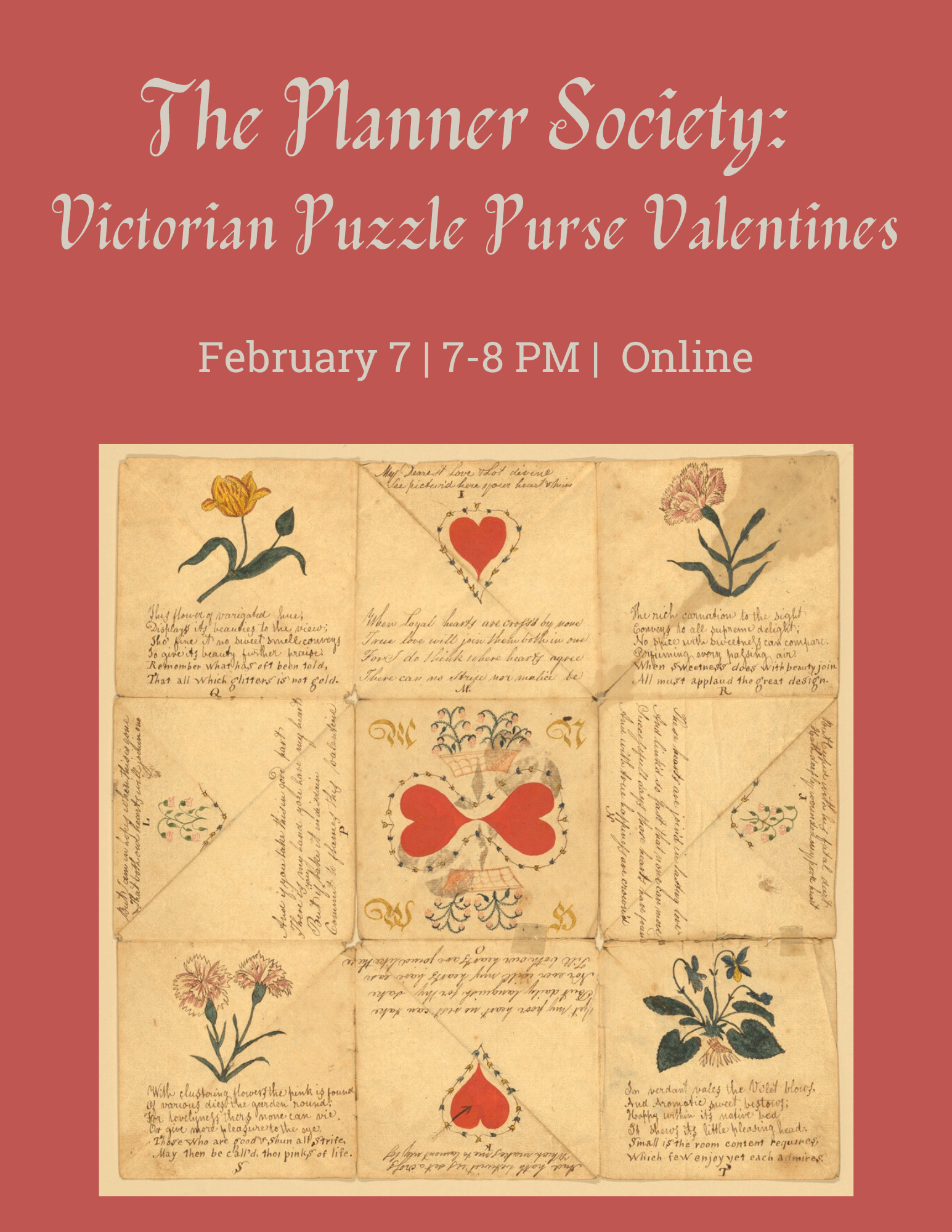 the planner society presents: victorian puzzle purse valentines. image of a folded valentine with hearts and flowers and messages of adoration.