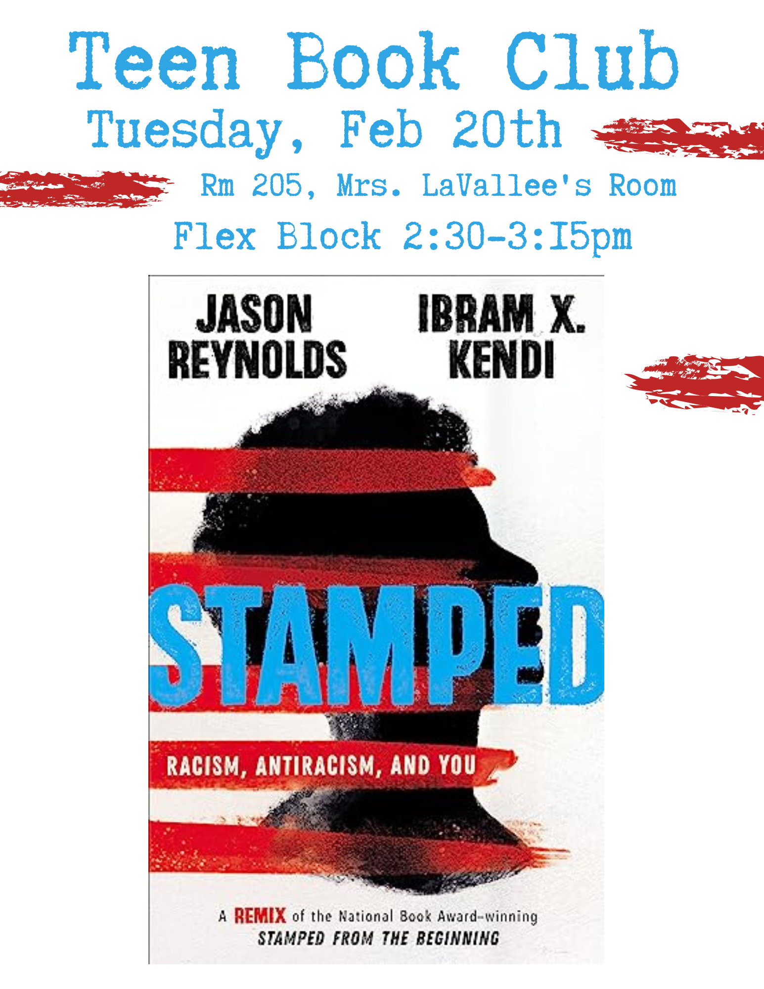 An image of the book cover for Stamped, the Y.A. edition, and the location/time of book club which is listed in description.