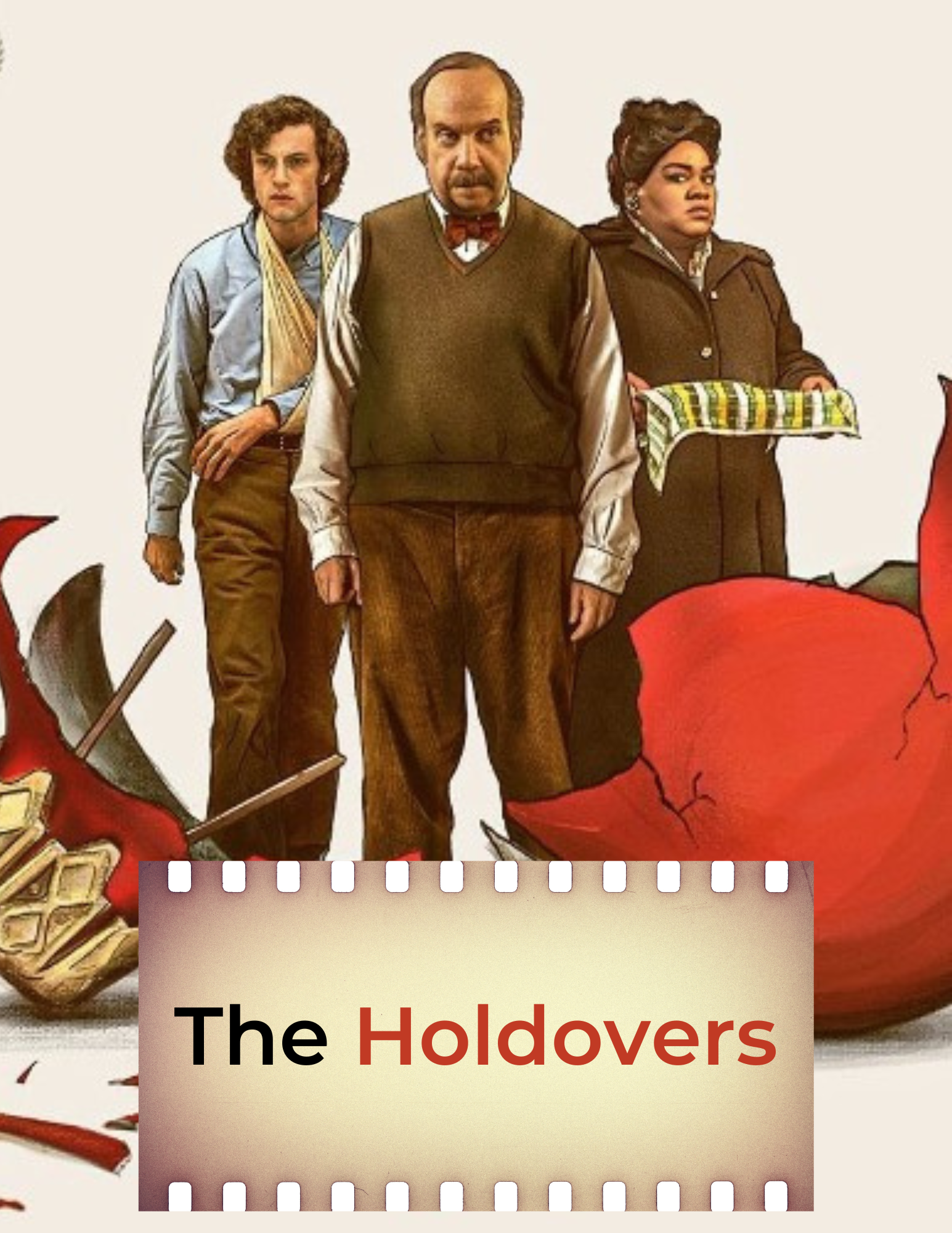 The Holdovers A white man, a black woman and a young man stand near a broken Christmas ornament