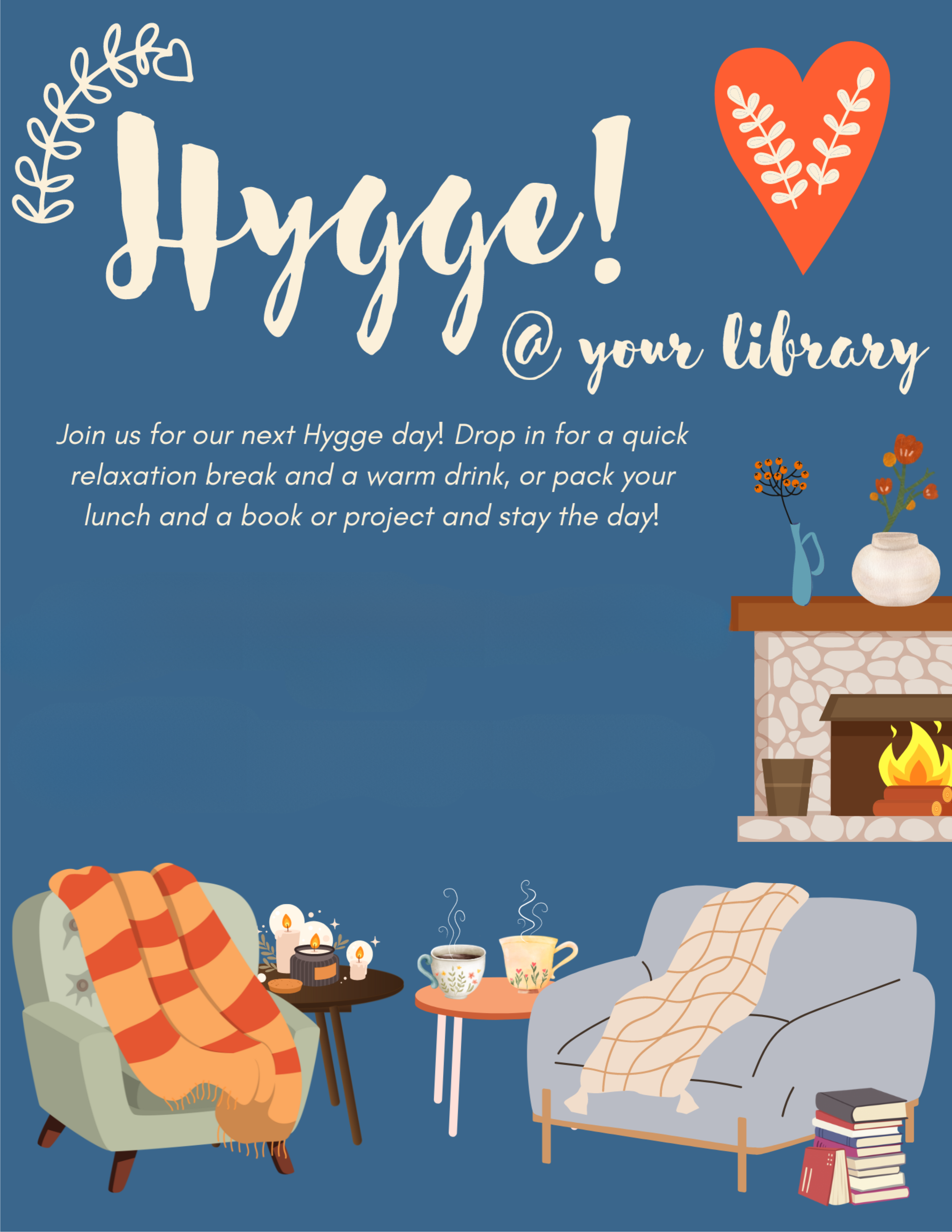 heart cozy chair fire tea books in a stack Hygge!