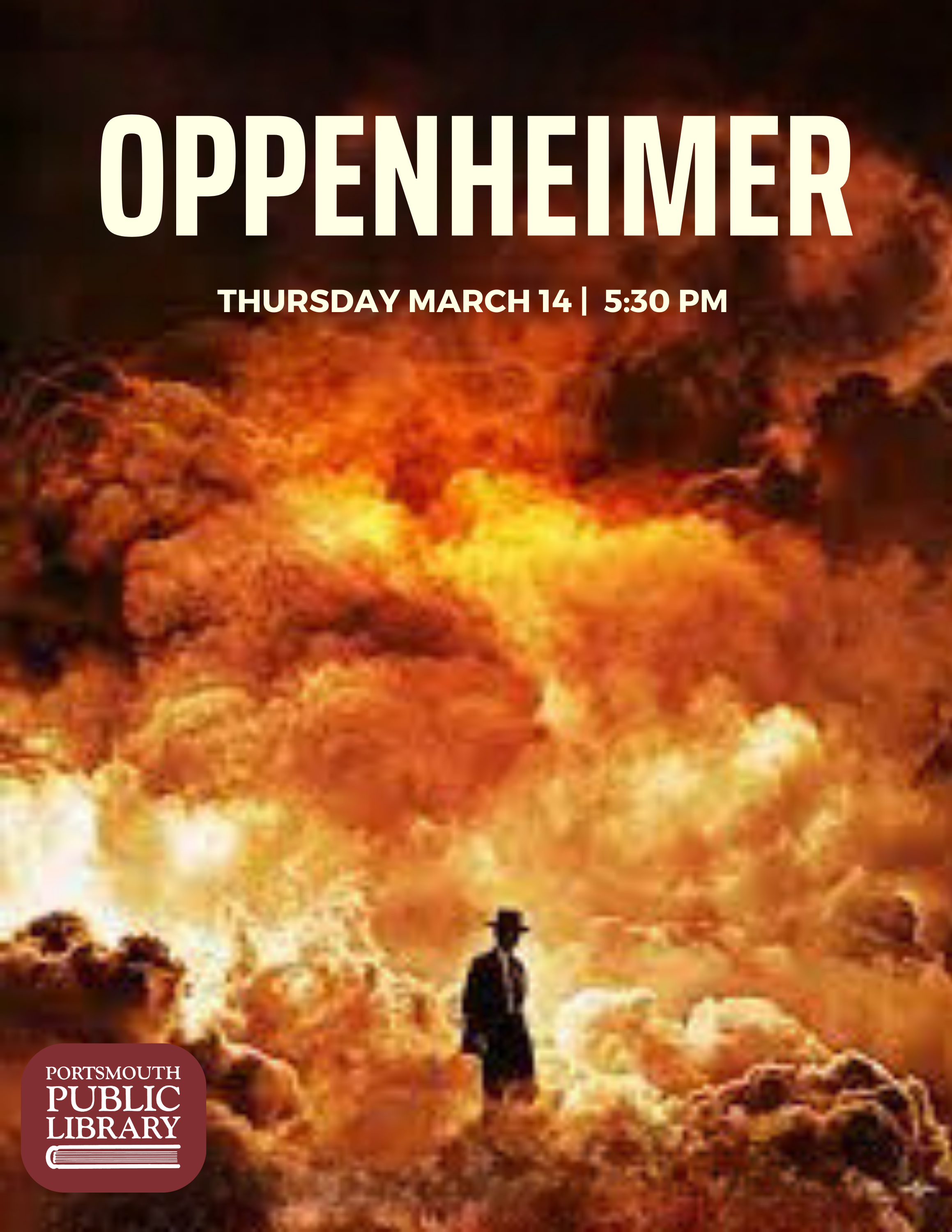 Atomic bomb detonates with man in hat standing in front of mushroom cloud Oppenheimer March 14 5:30 PM