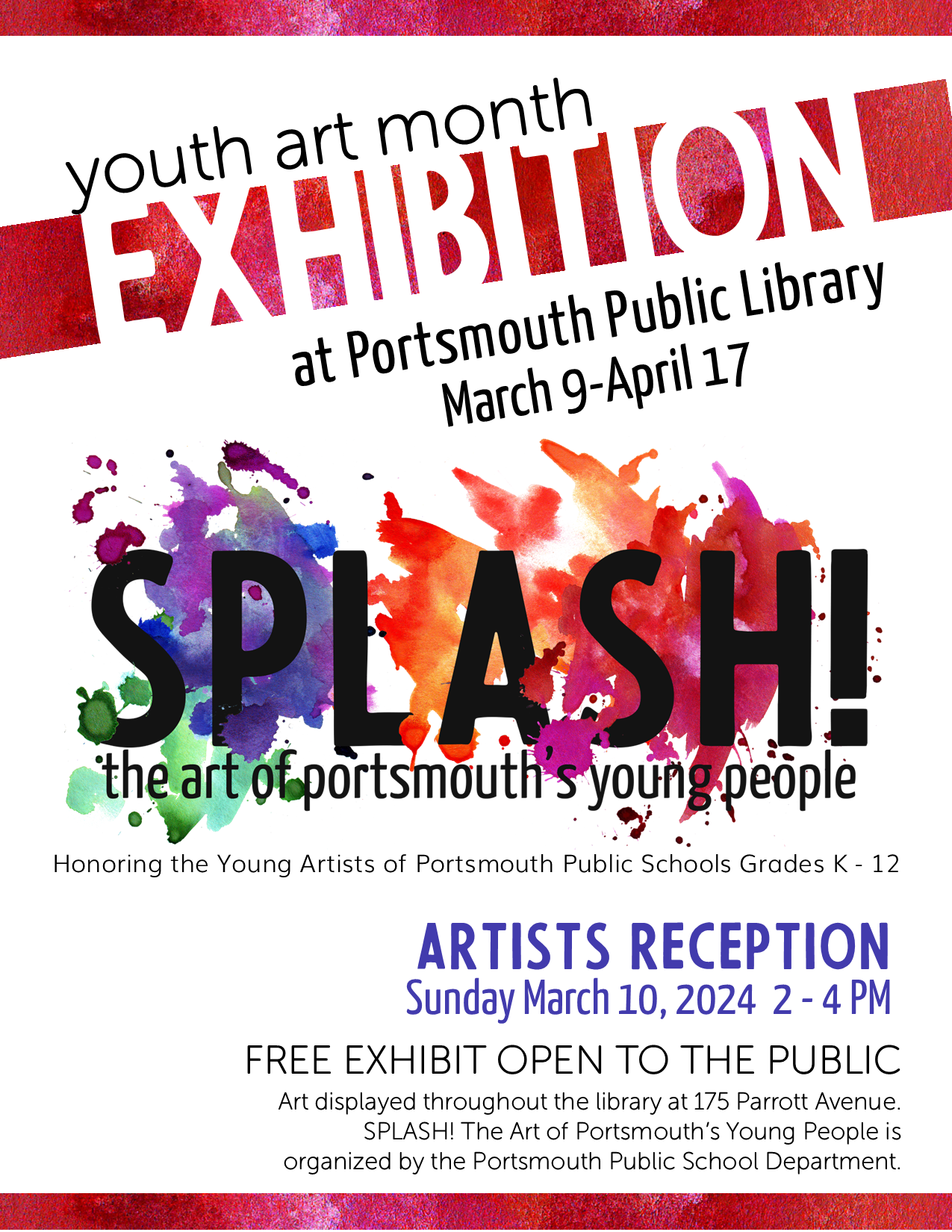 colorful splash behind SPLASH reception and exhibit Reception March 10 2-4 PM